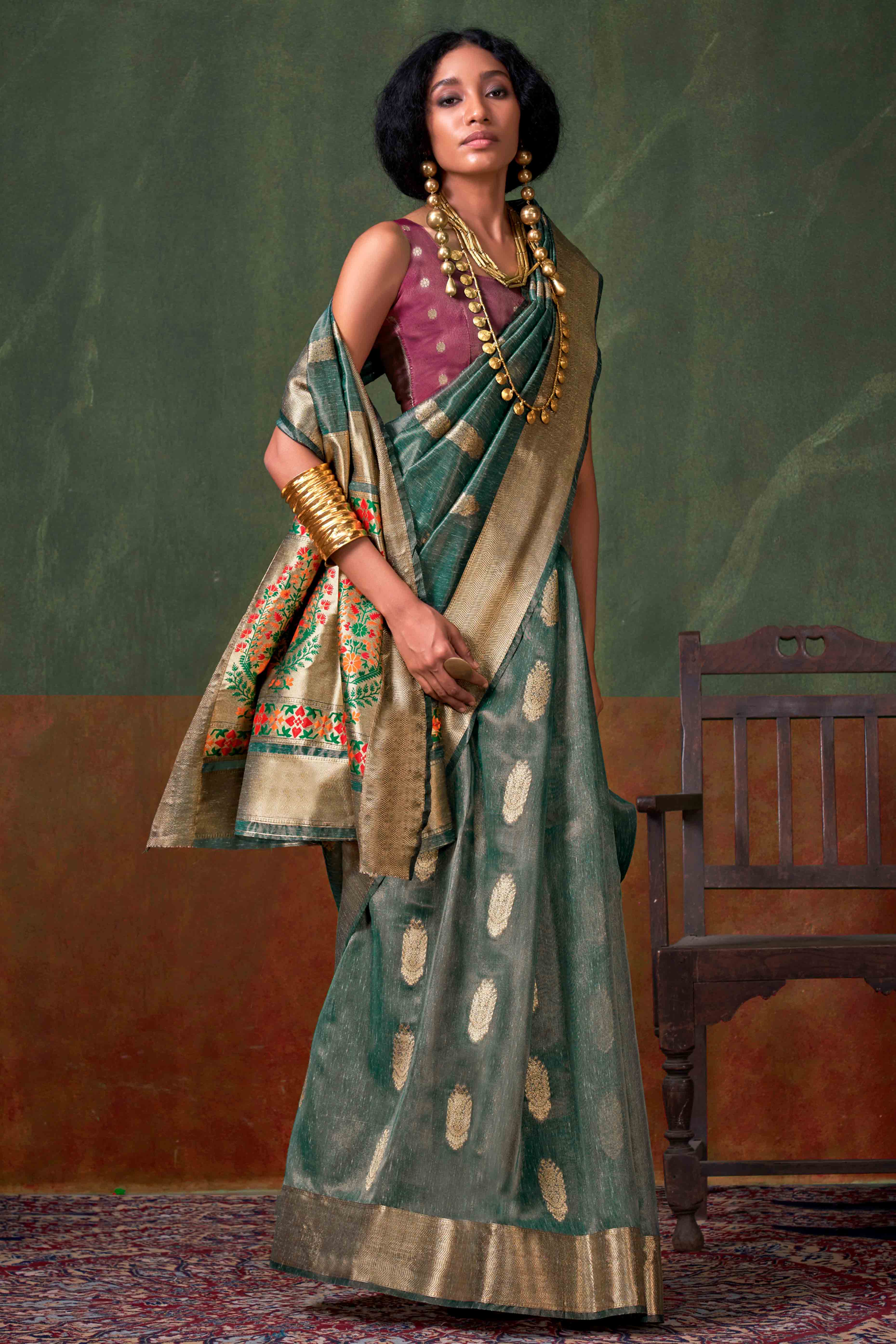 Blue Floral Zari Woven Tissue Paithani Style Saree