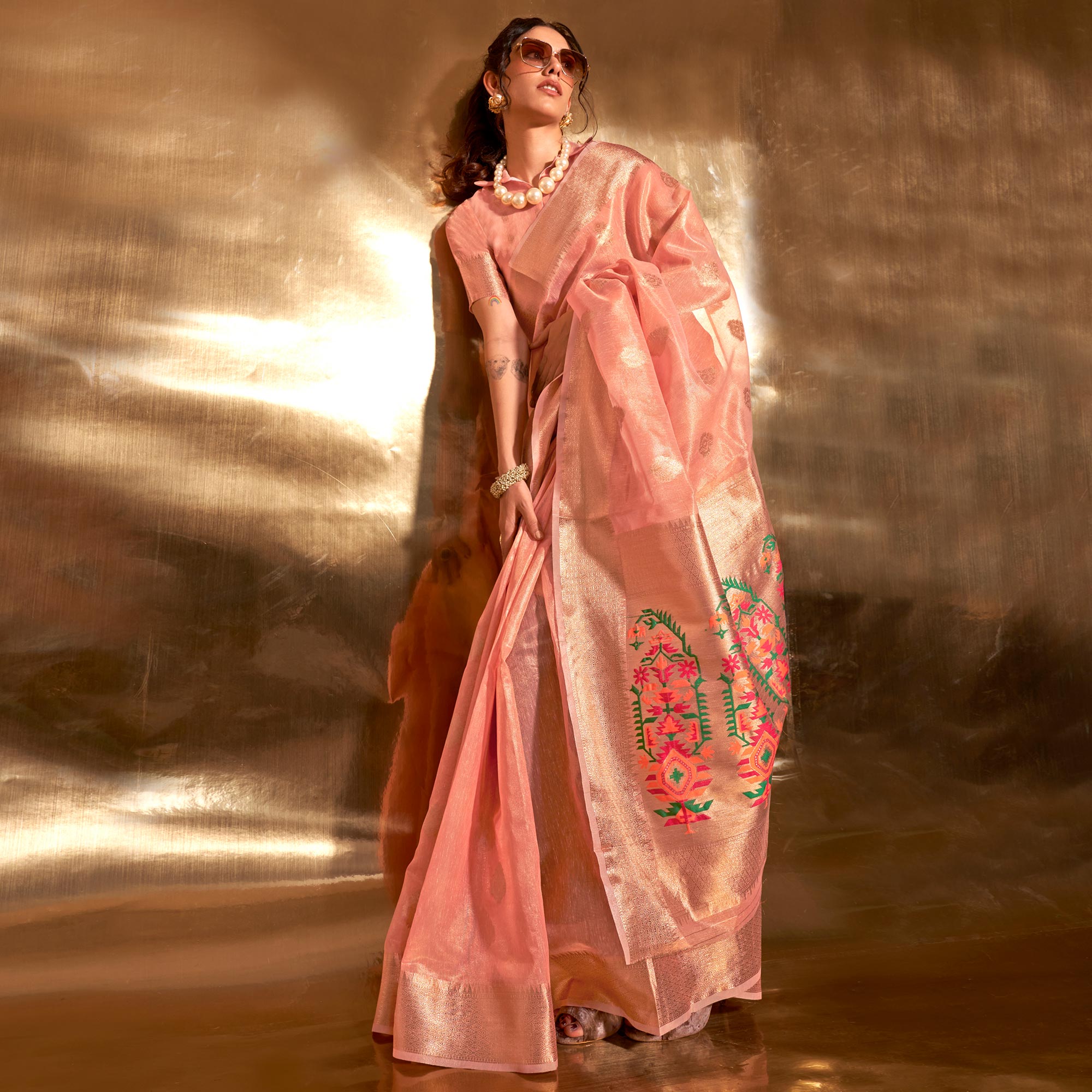 Peach Woven Tissue Paithani Saree