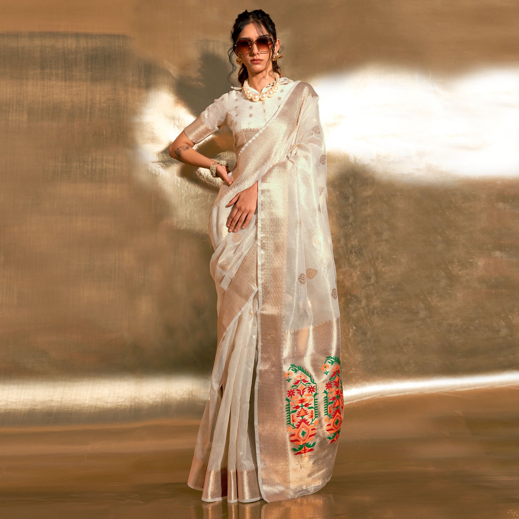 Off White Woven Tissue Paithani Saree