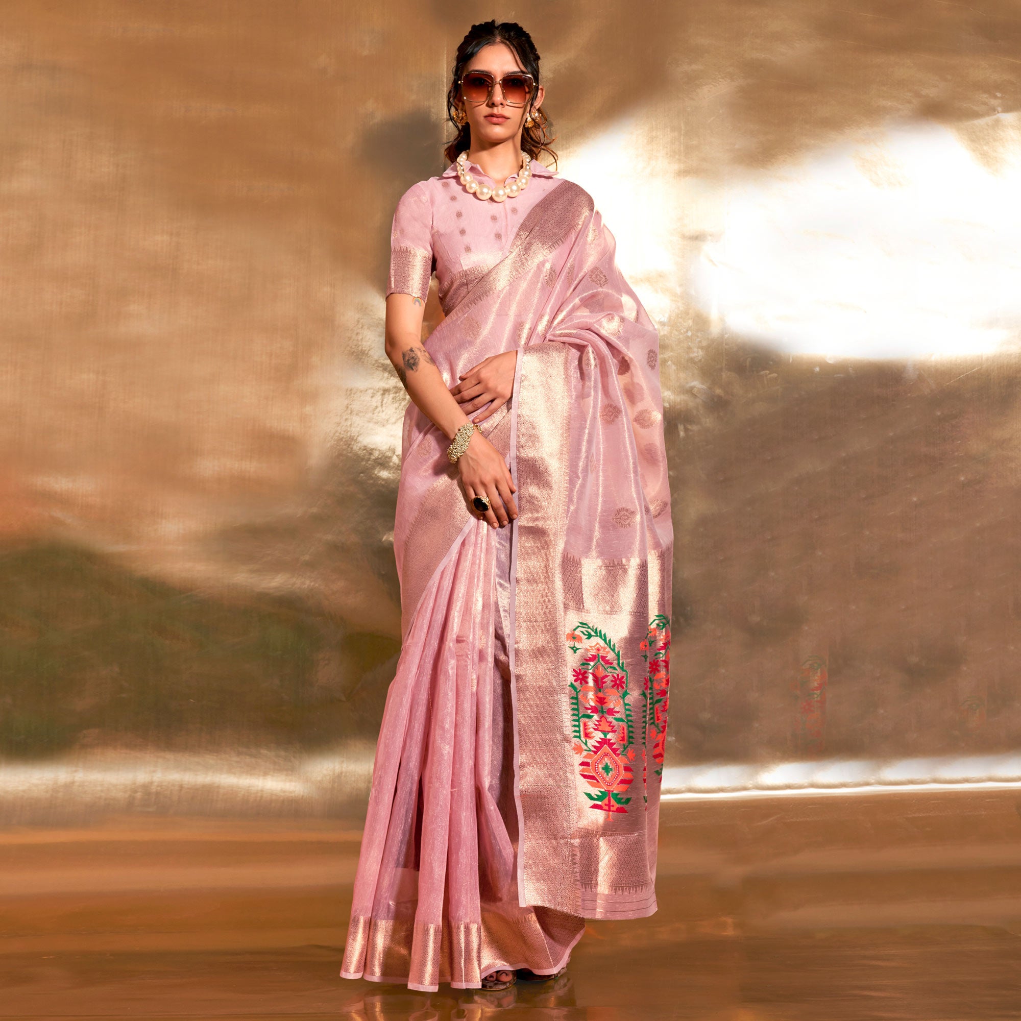 Pink Woven Tissue Paithani Saree