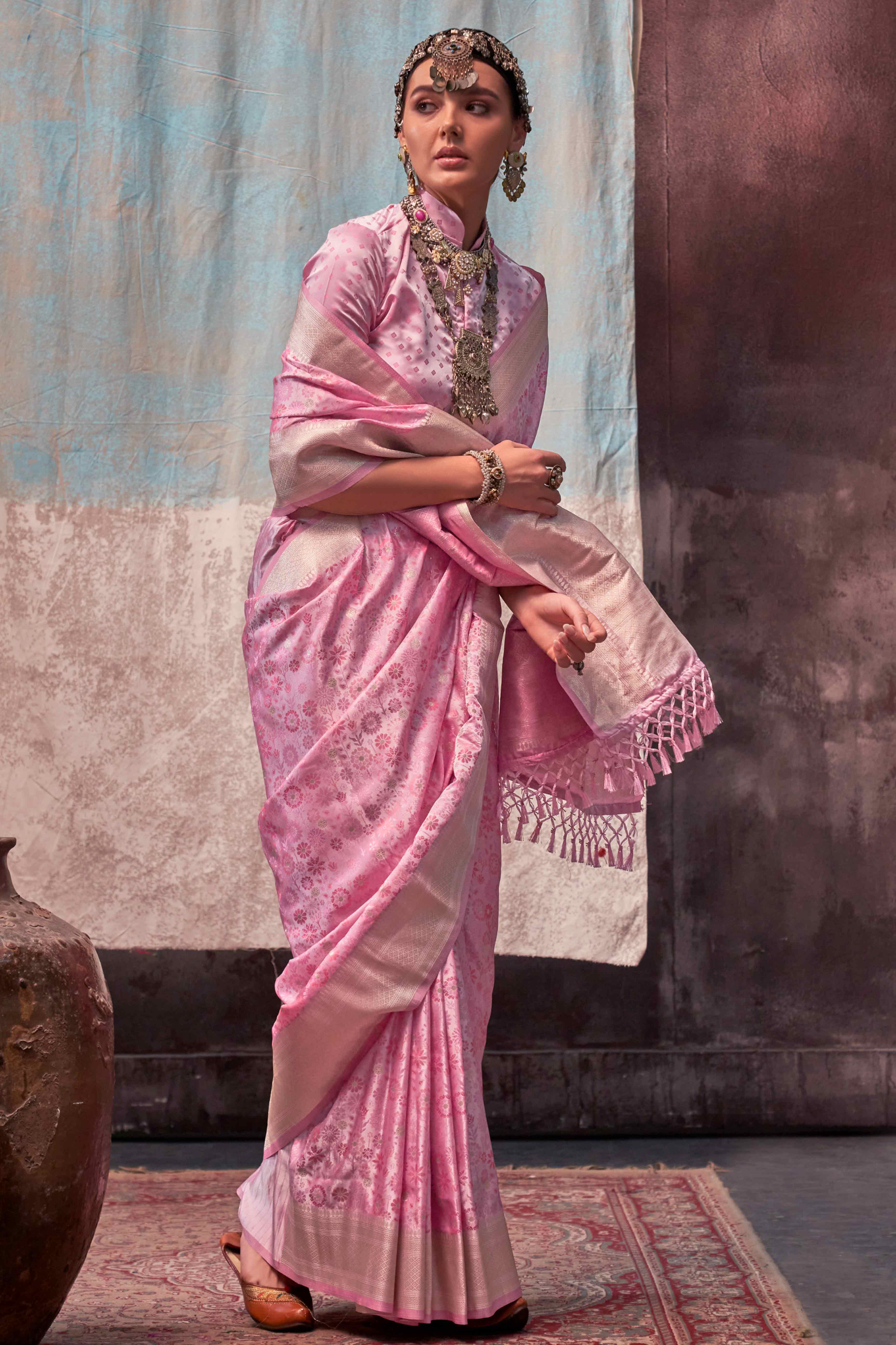 Pink Handloom Woven Pure Satin Saree