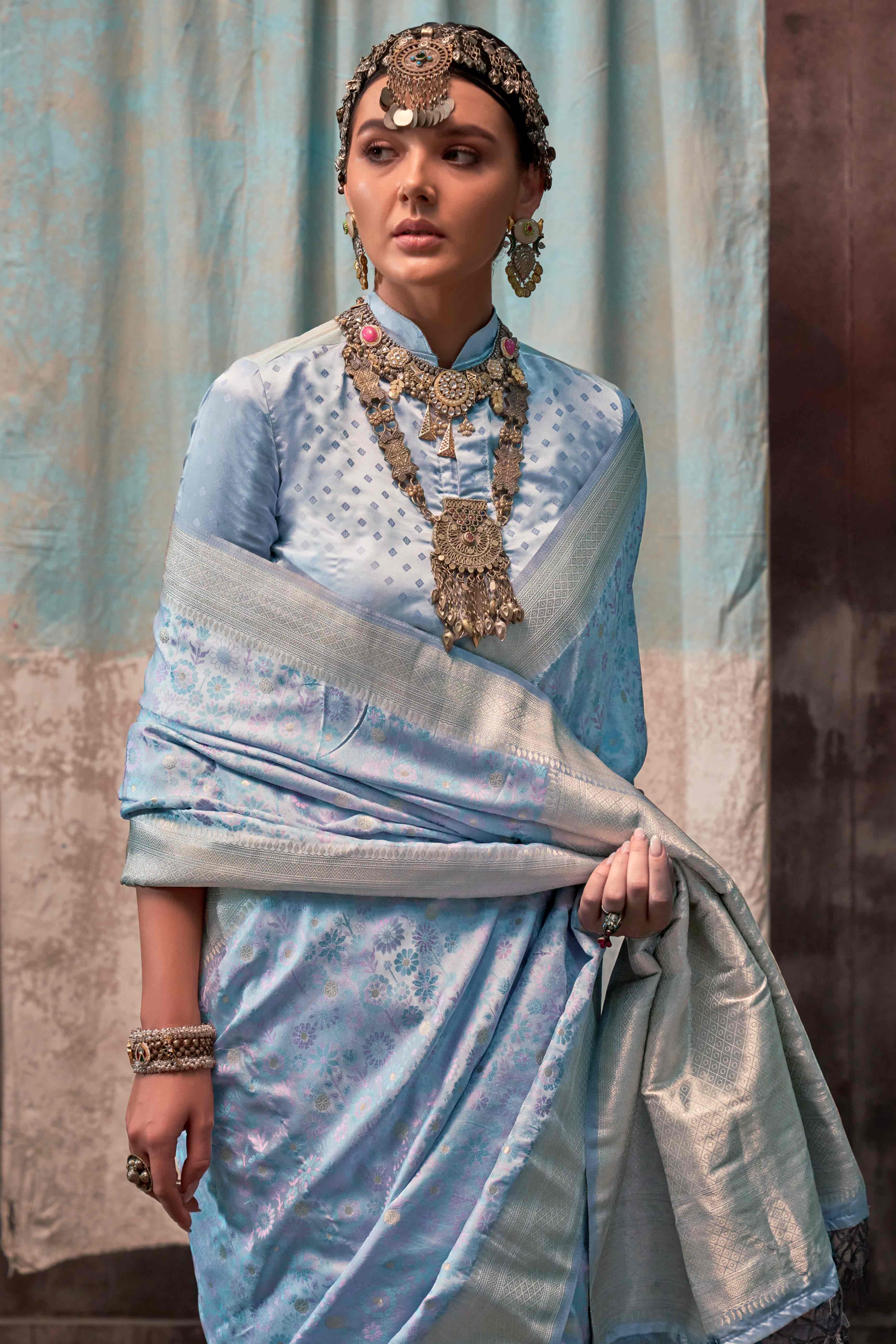 Pastel Blue Handloom Woven Pure Satin Saree