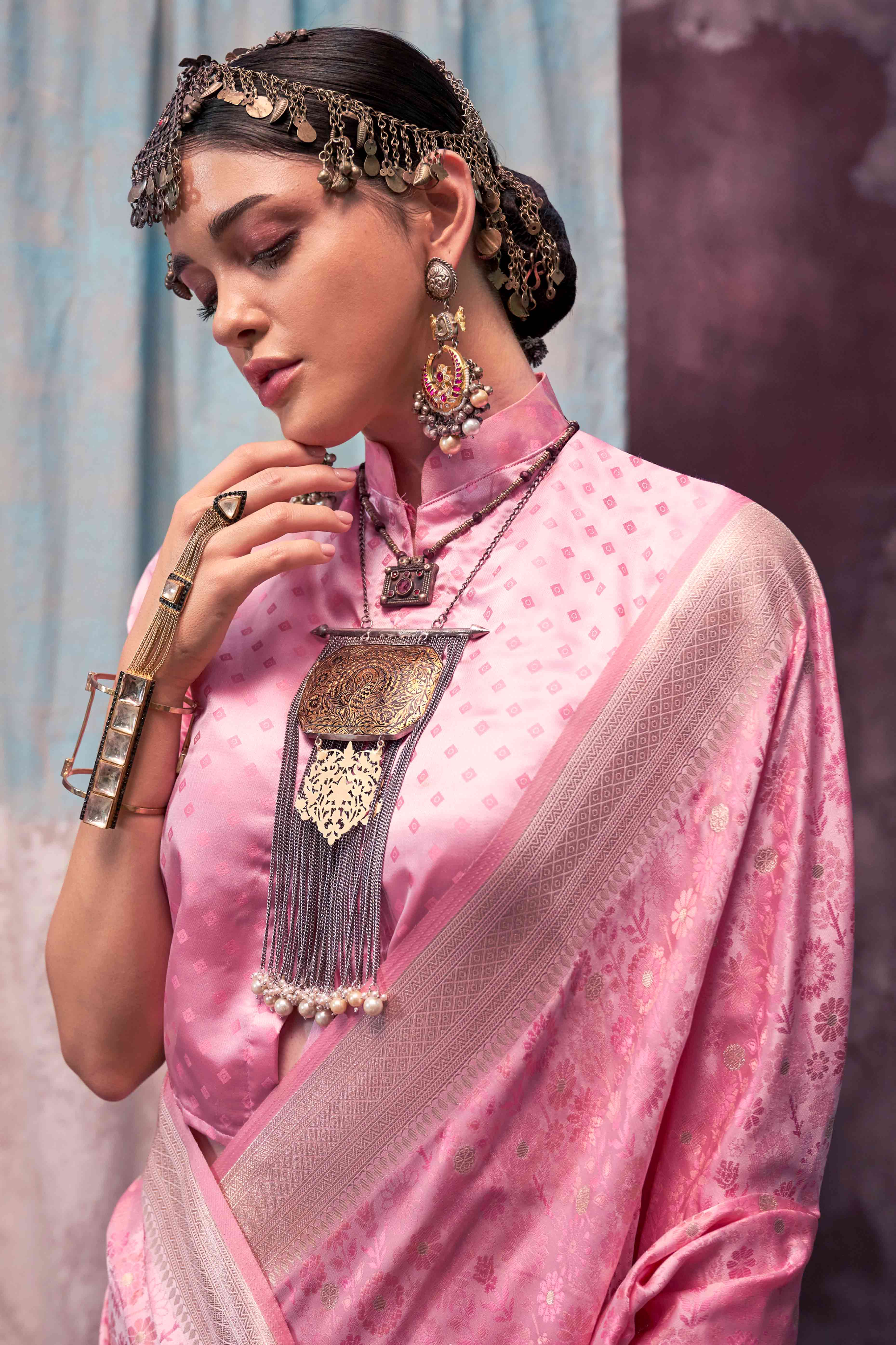 Baby Pink Handloom Woven Pure Satin Saree