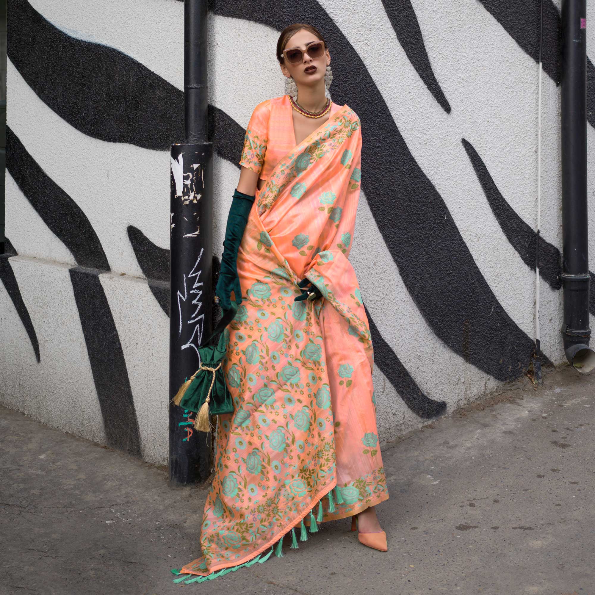 Peach Floral Woven Pure Silk Saree With Tassels