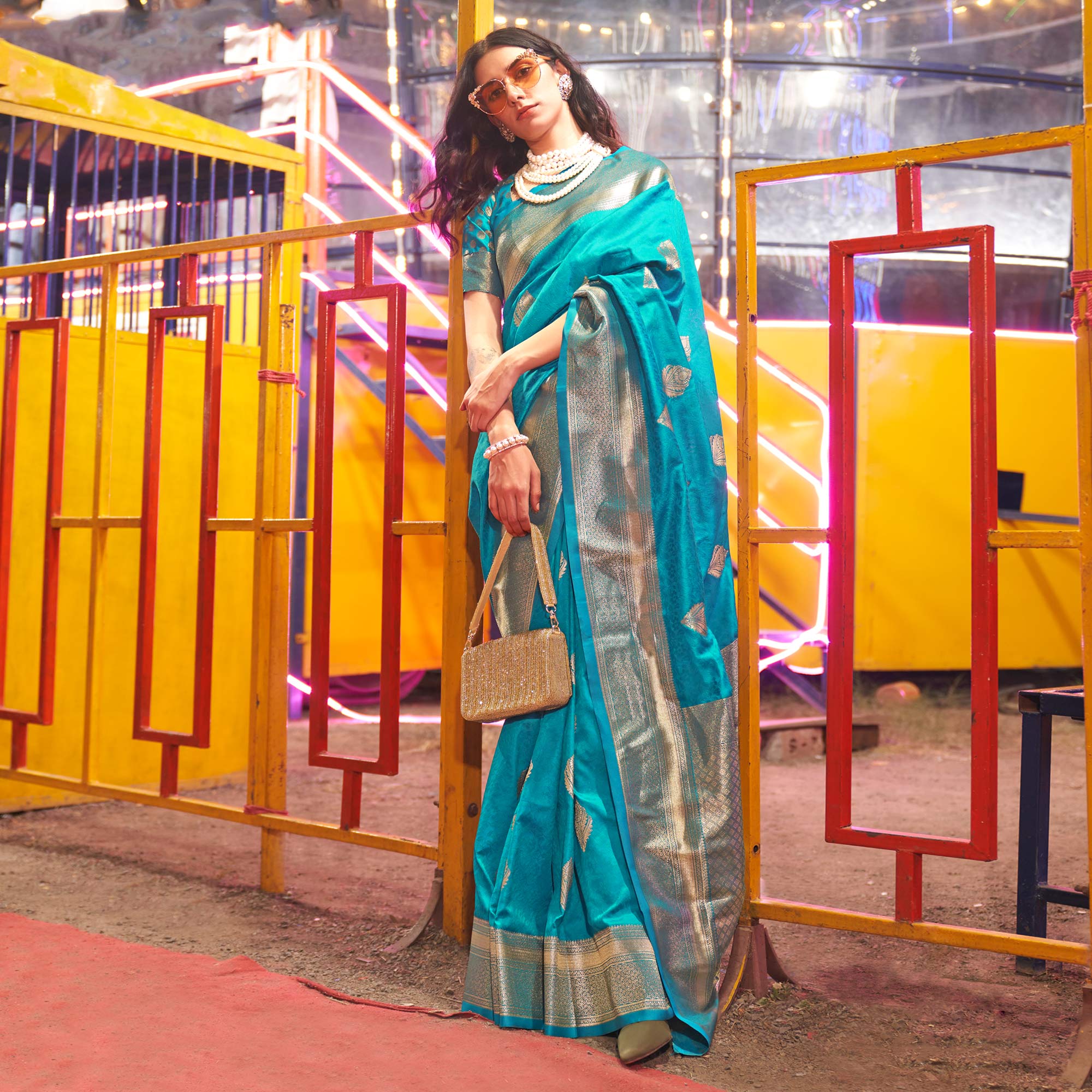 Rama Blue Floral Woven Art Silk Saree