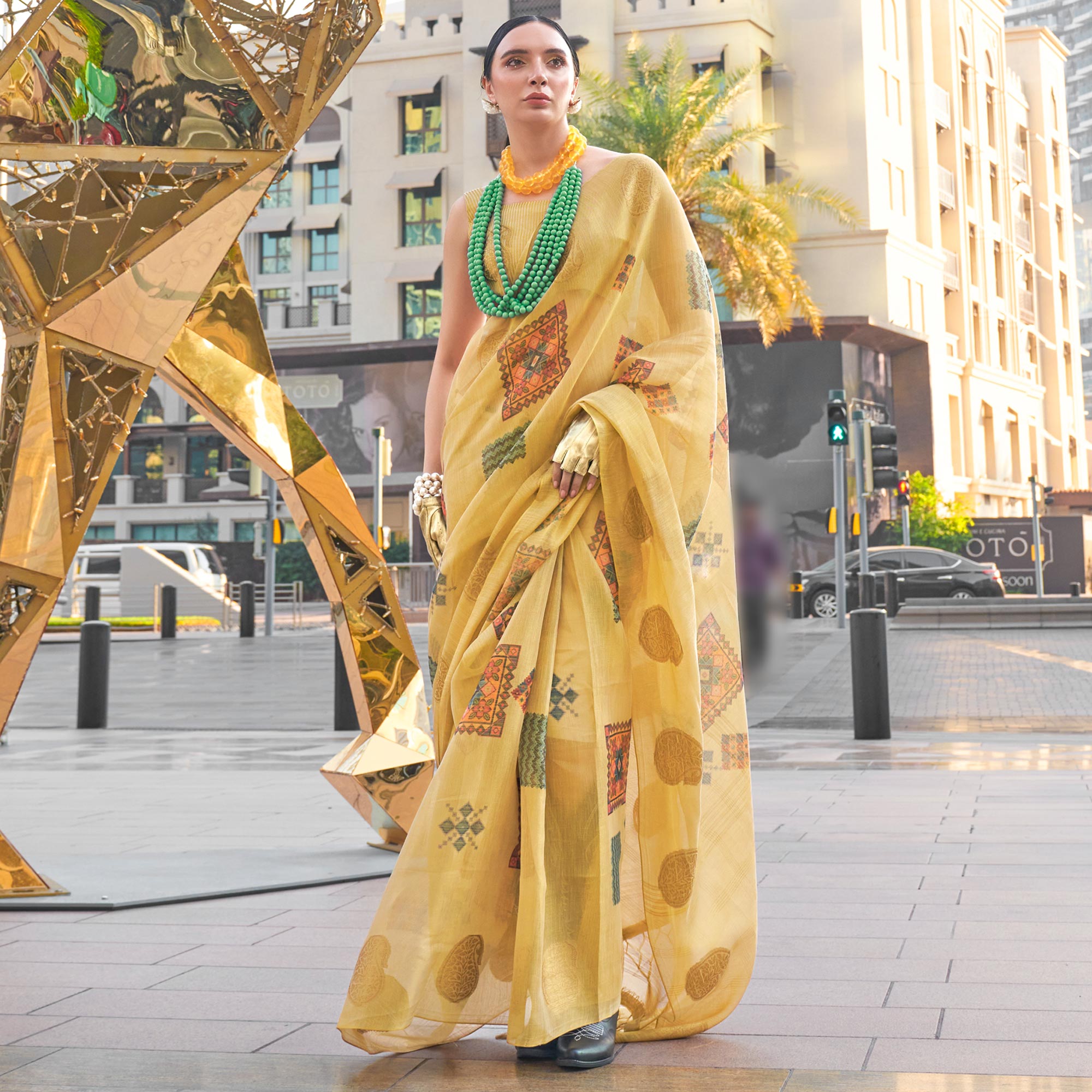 Golden Woven Art Silk Saree With Digital Print