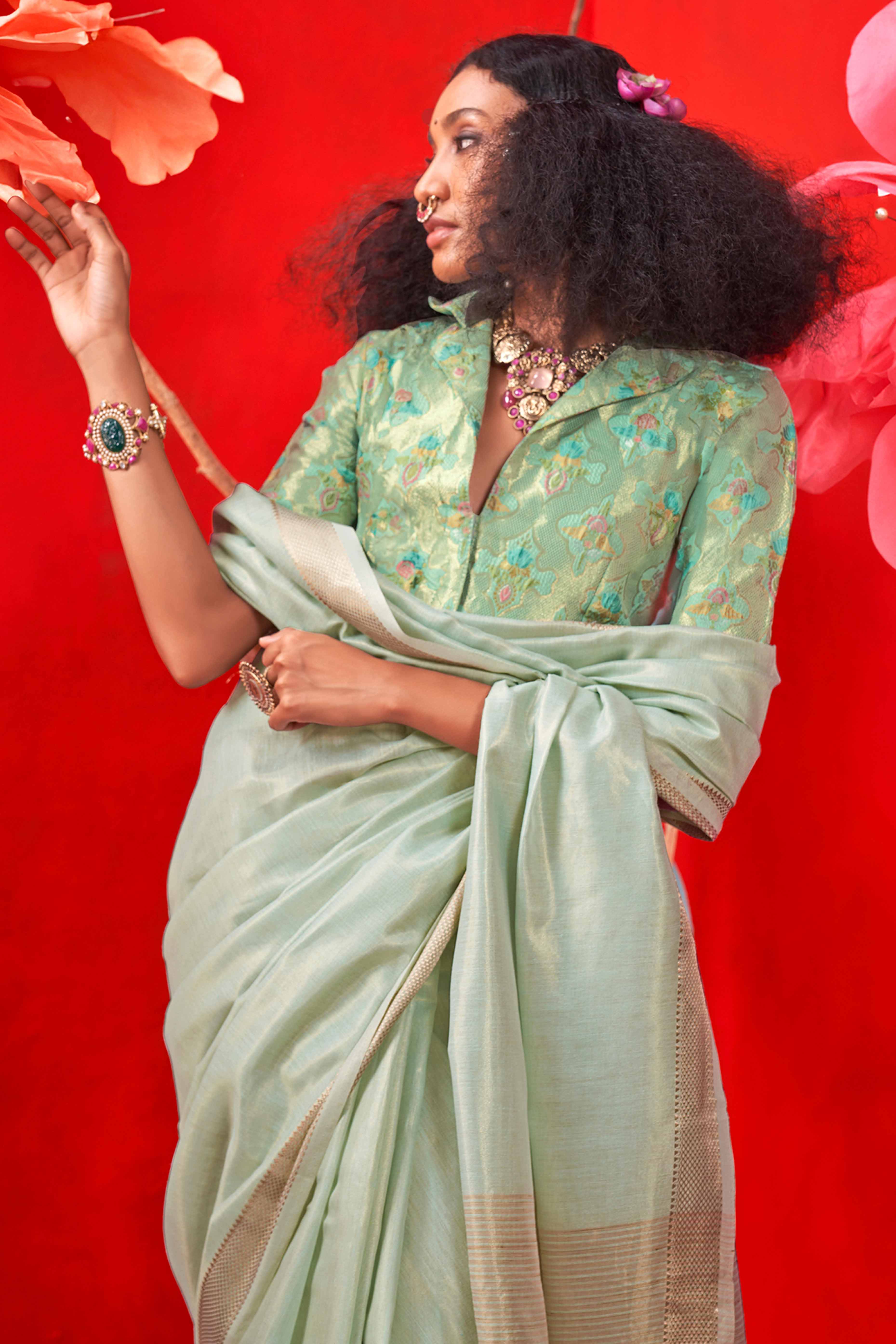 Delicate Sea Green Saree with Classic Zari Weaving on Tissue Fabric