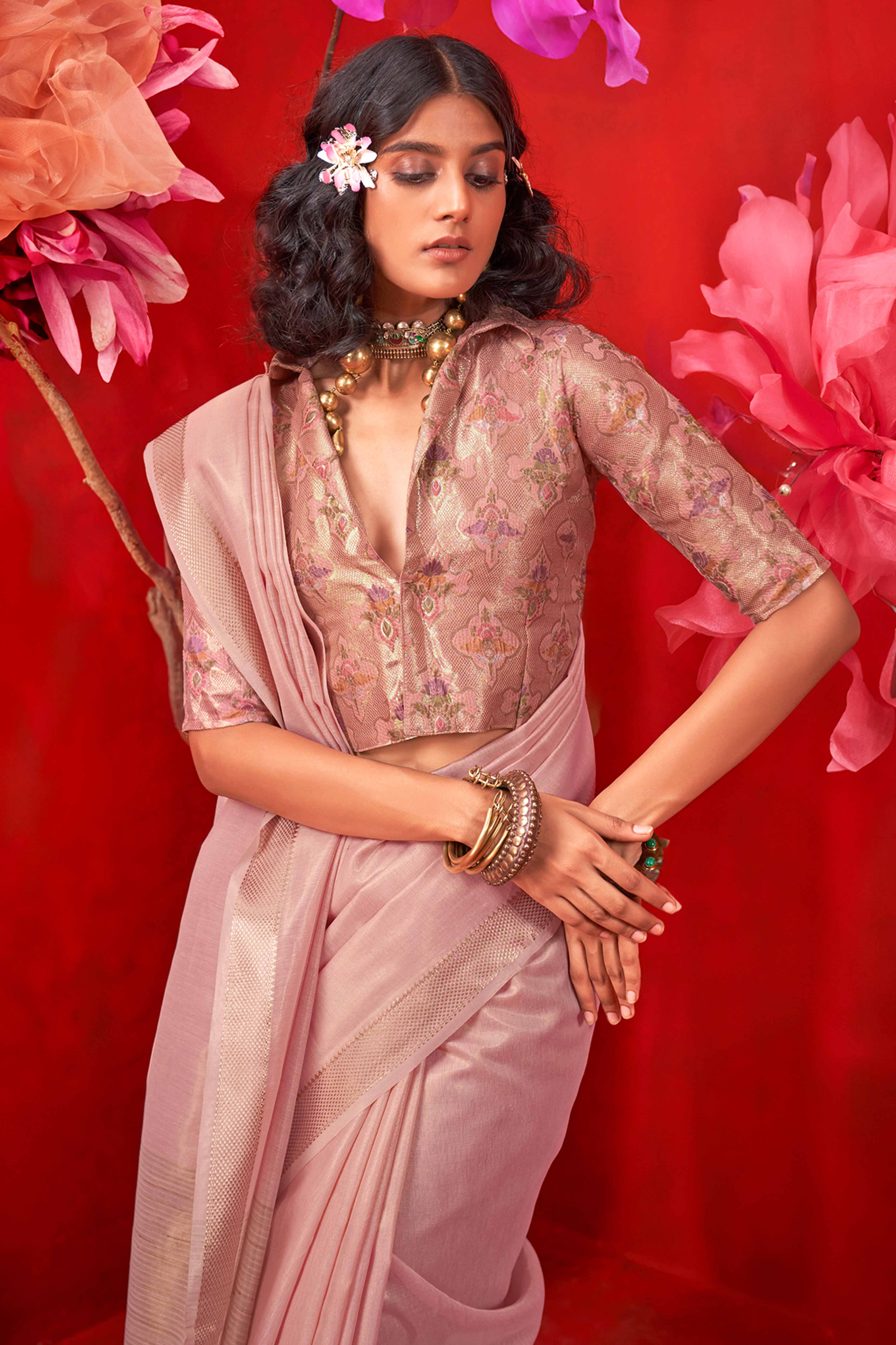 Delicate Pink Saree with Classic Zari Weaving on Tissue Fabric