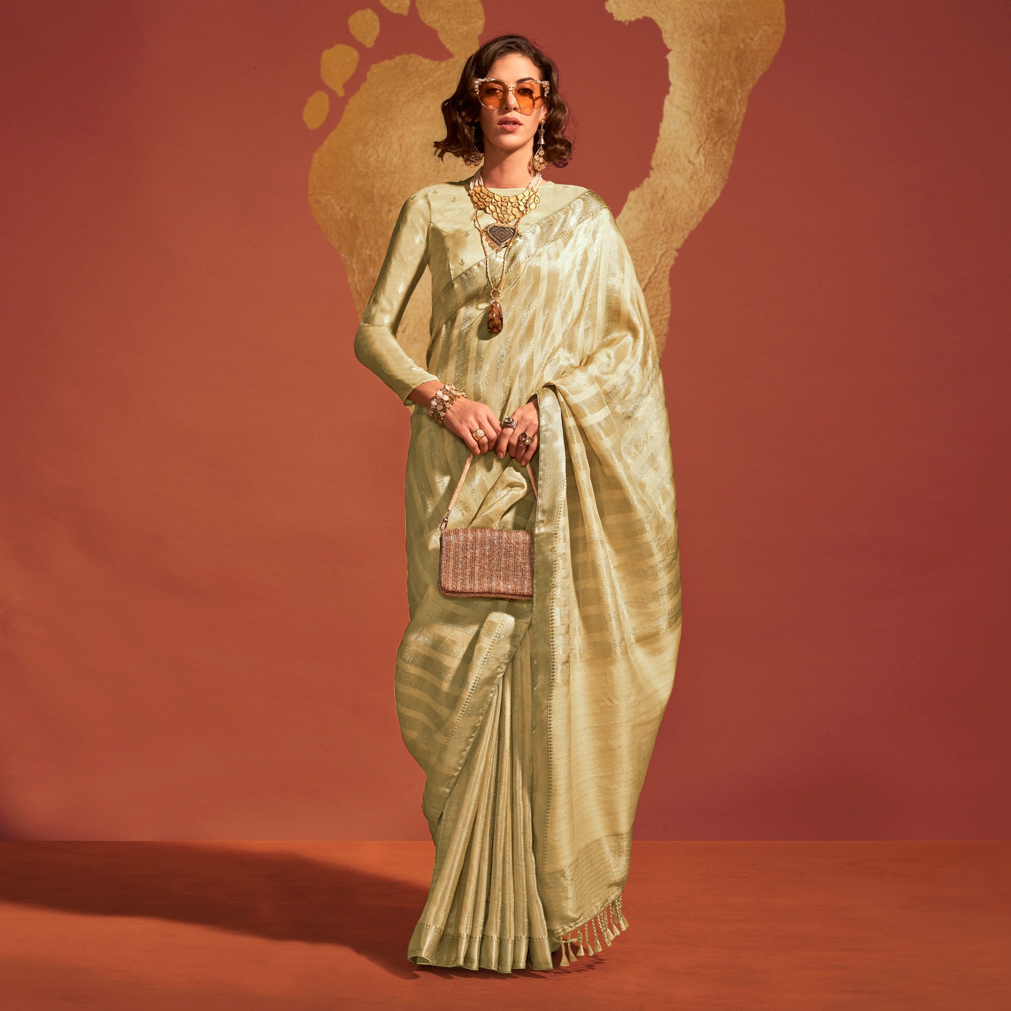 Cream Woven Viscose Saree With Tassels