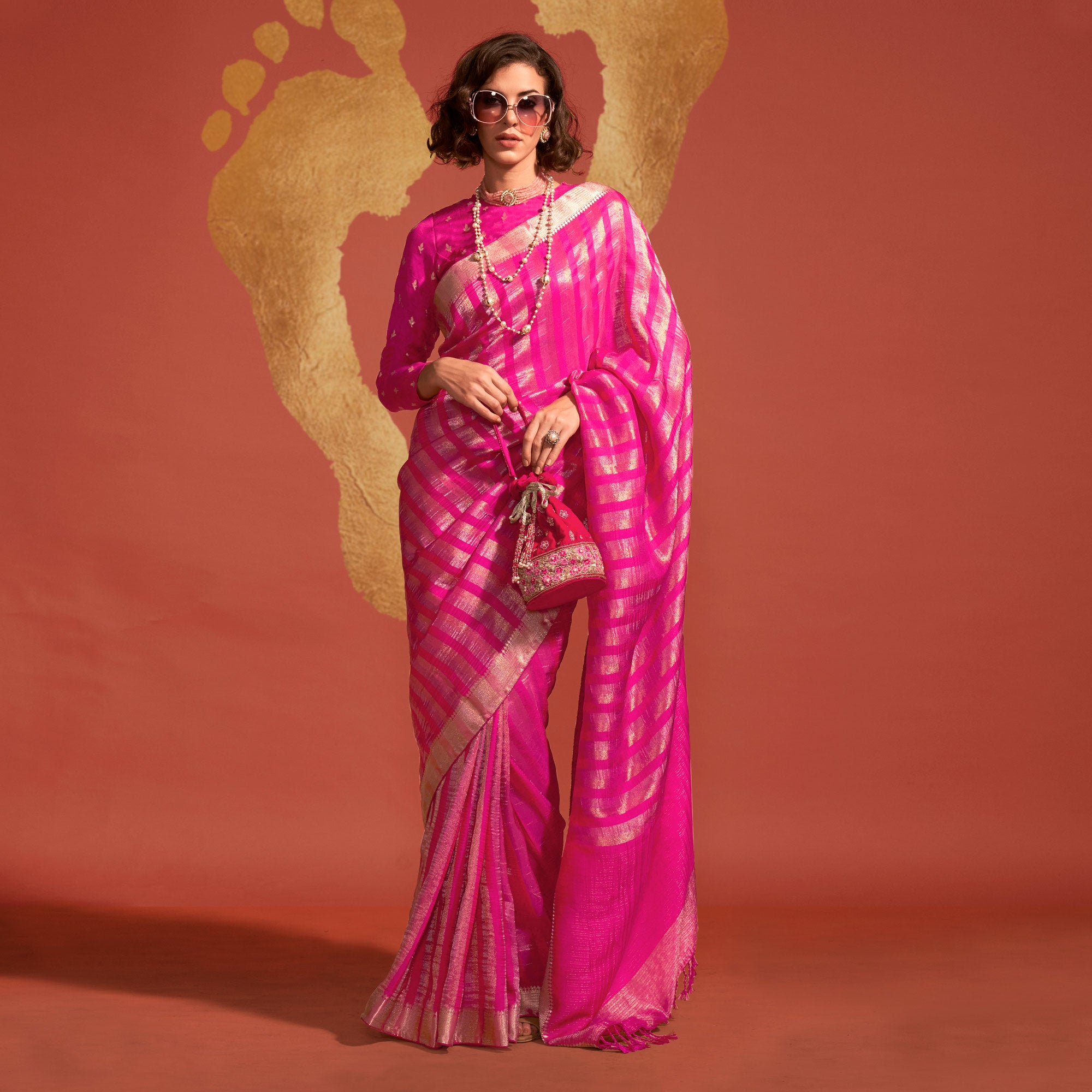 Rani Pink Woven Viscose Saree With Tassels
