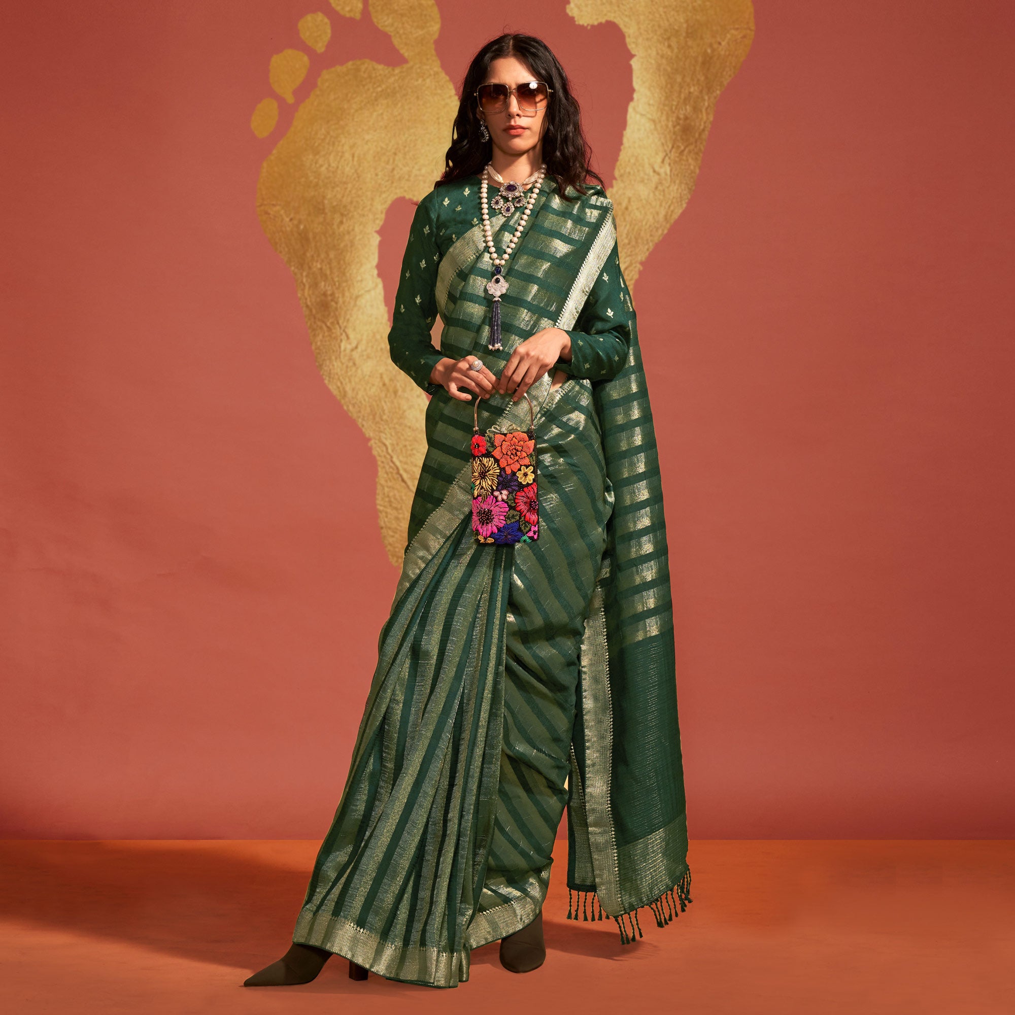 Green Woven Viscose Saree With Tassels