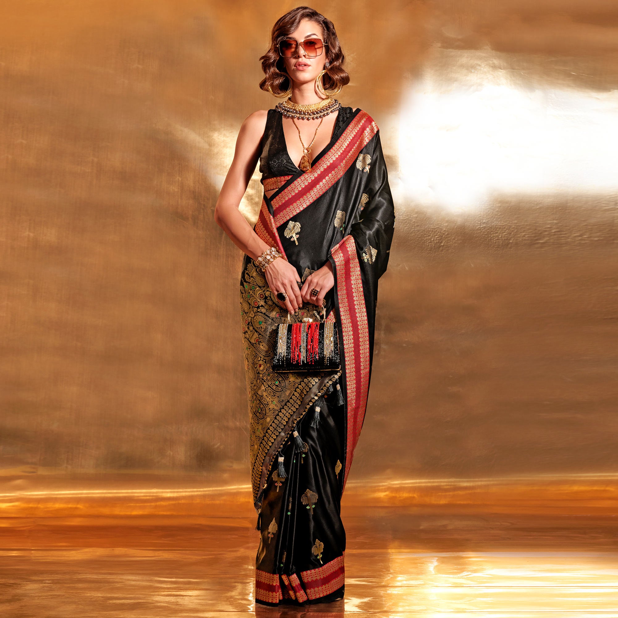 Black Woven Satin Saree With Tassels