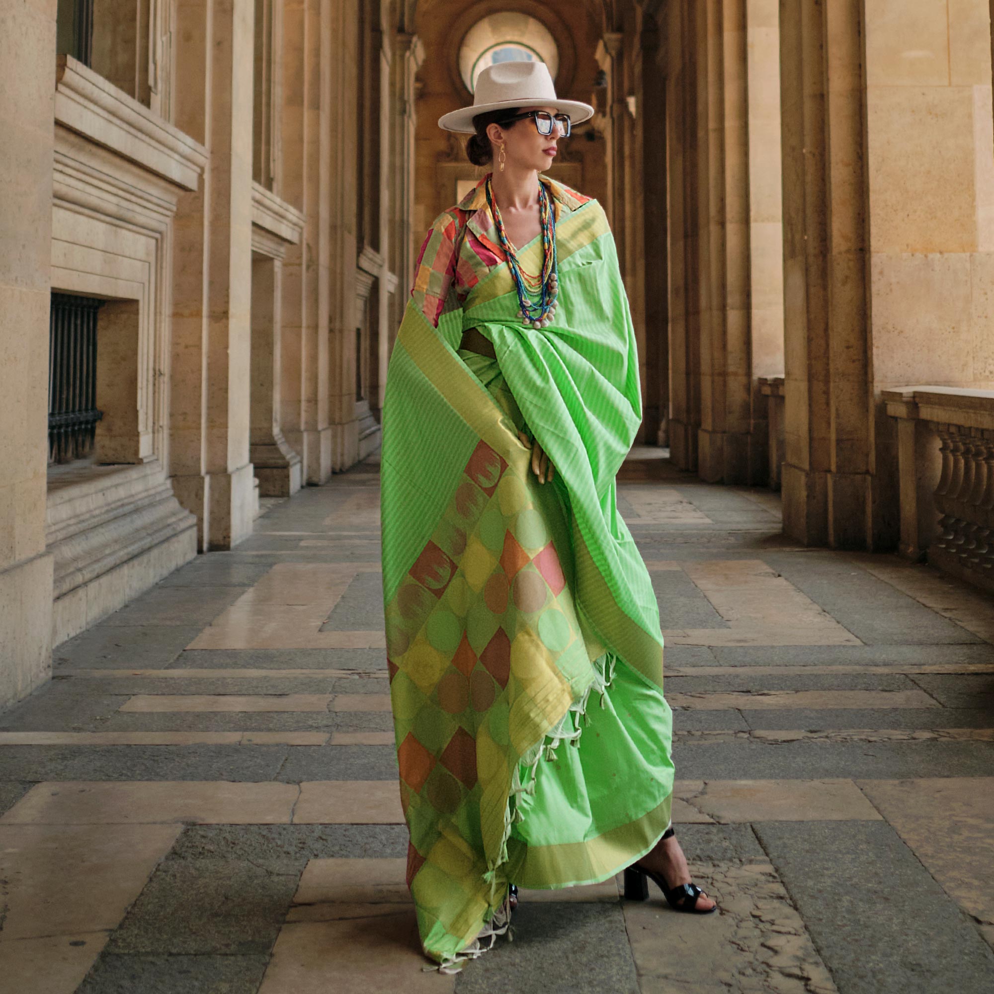 Green Floral Woven Art Silk Saree With Tassels