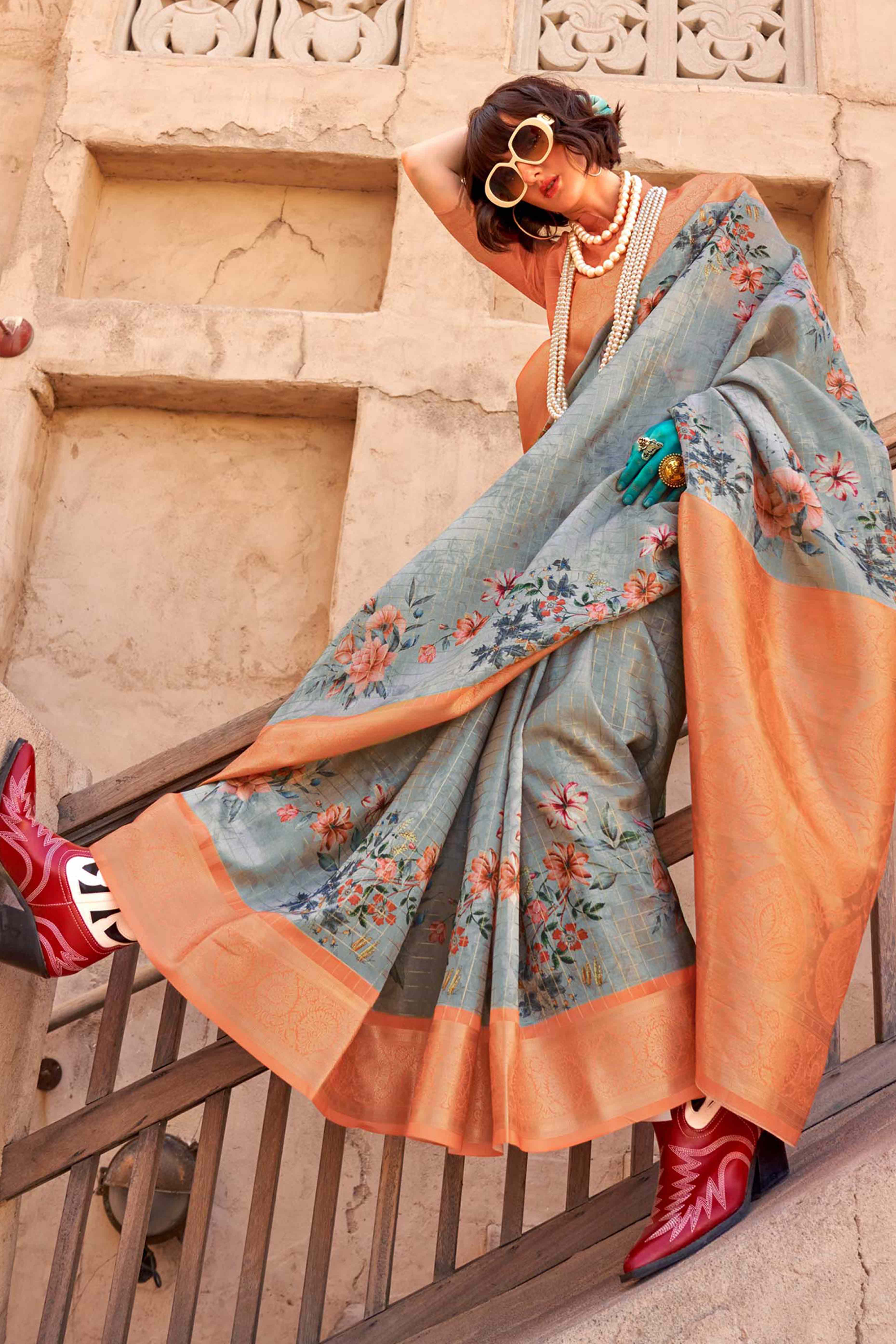 Grey & Orange Woven Floral Printed Georgette Saree