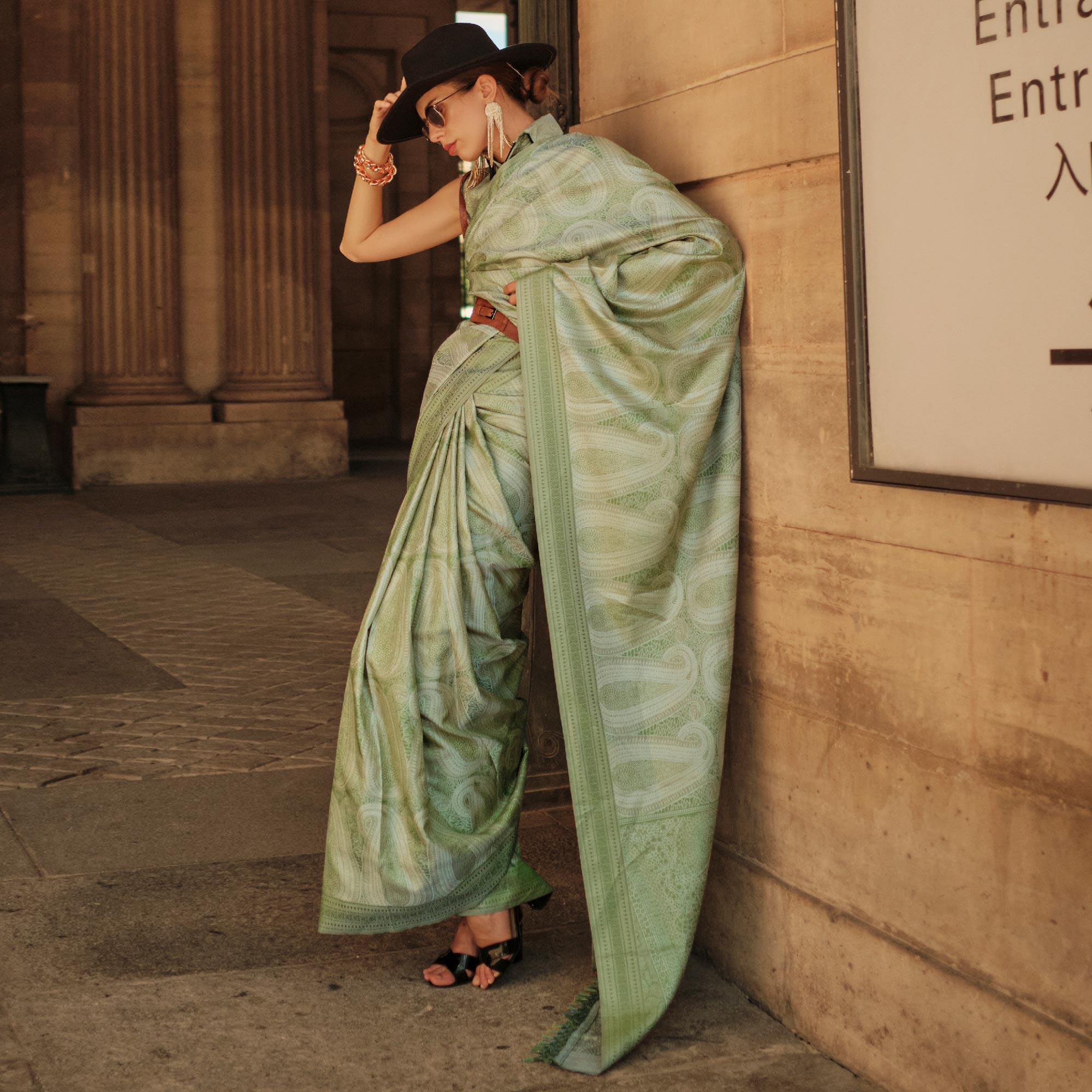 Green Woven Satin Saree With Tassels