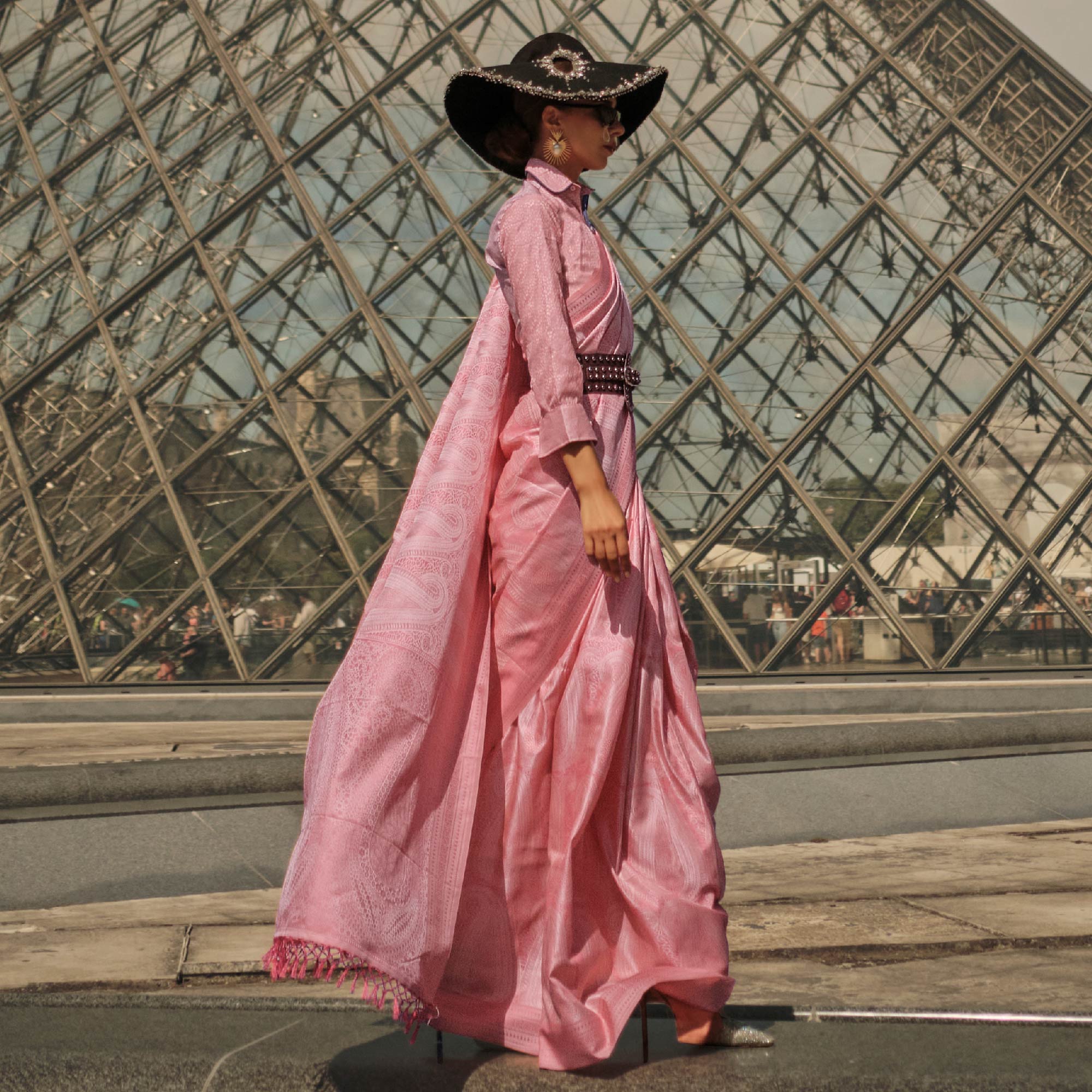 Pink Woven Satin Saree With Tassels