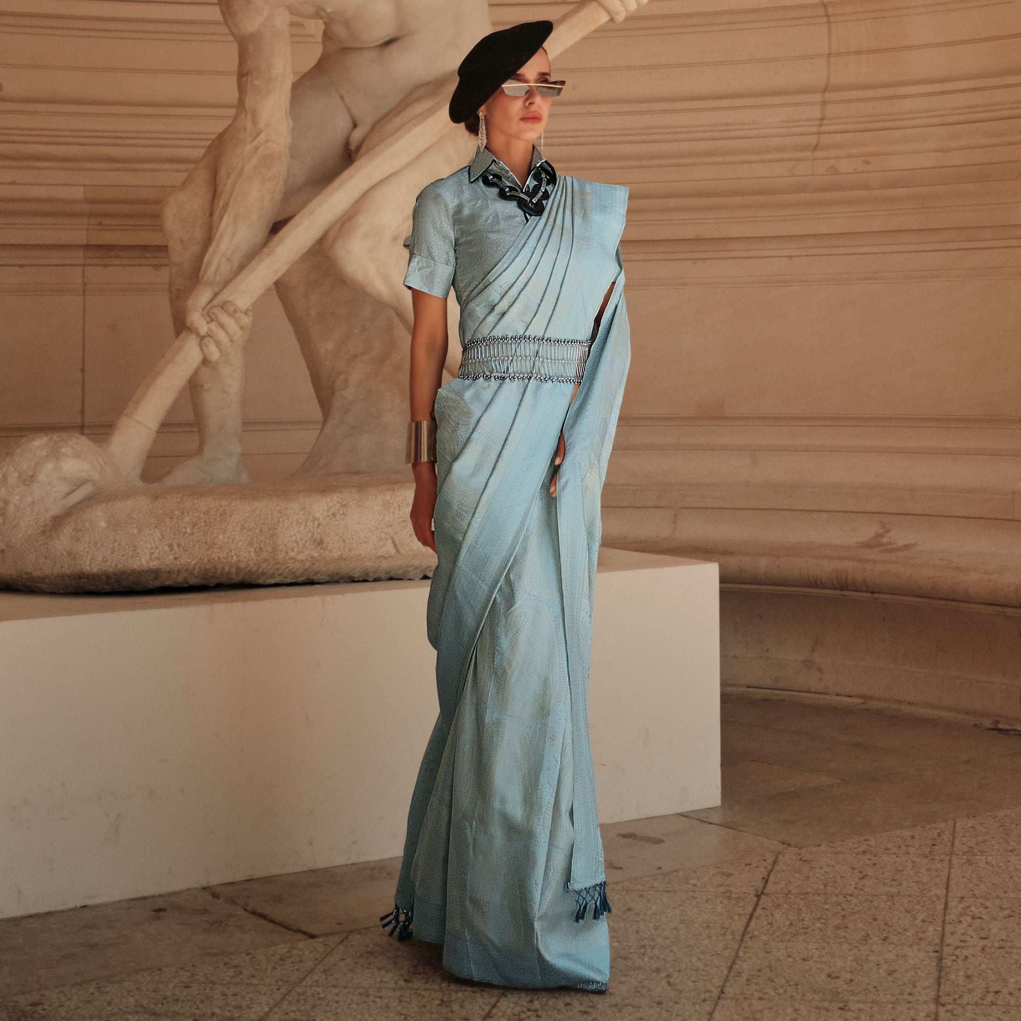 Blue Woven Satin Saree With Tassels