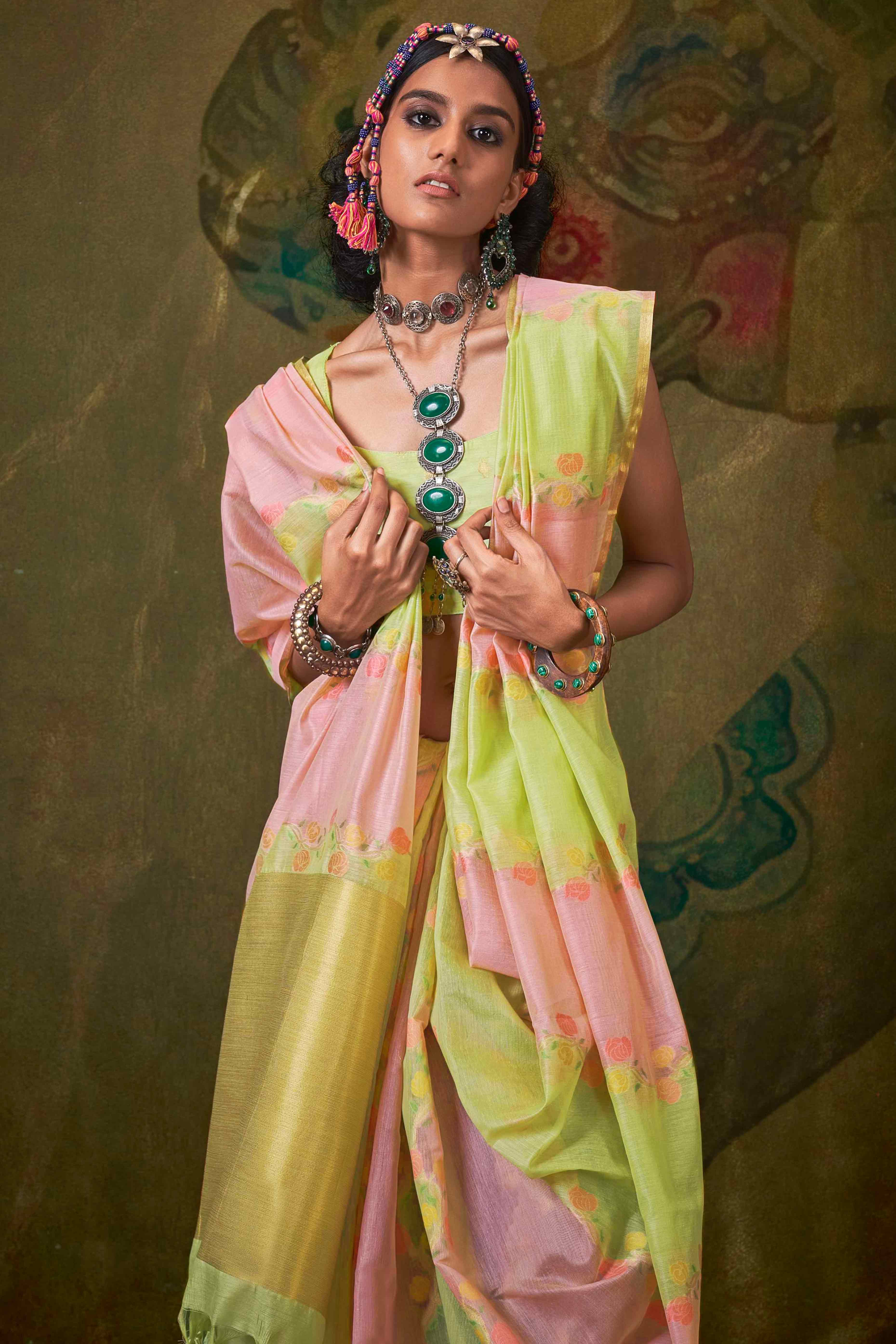 Pastel Green & Light Pink Floral Handwoven Cotton Blend Saree