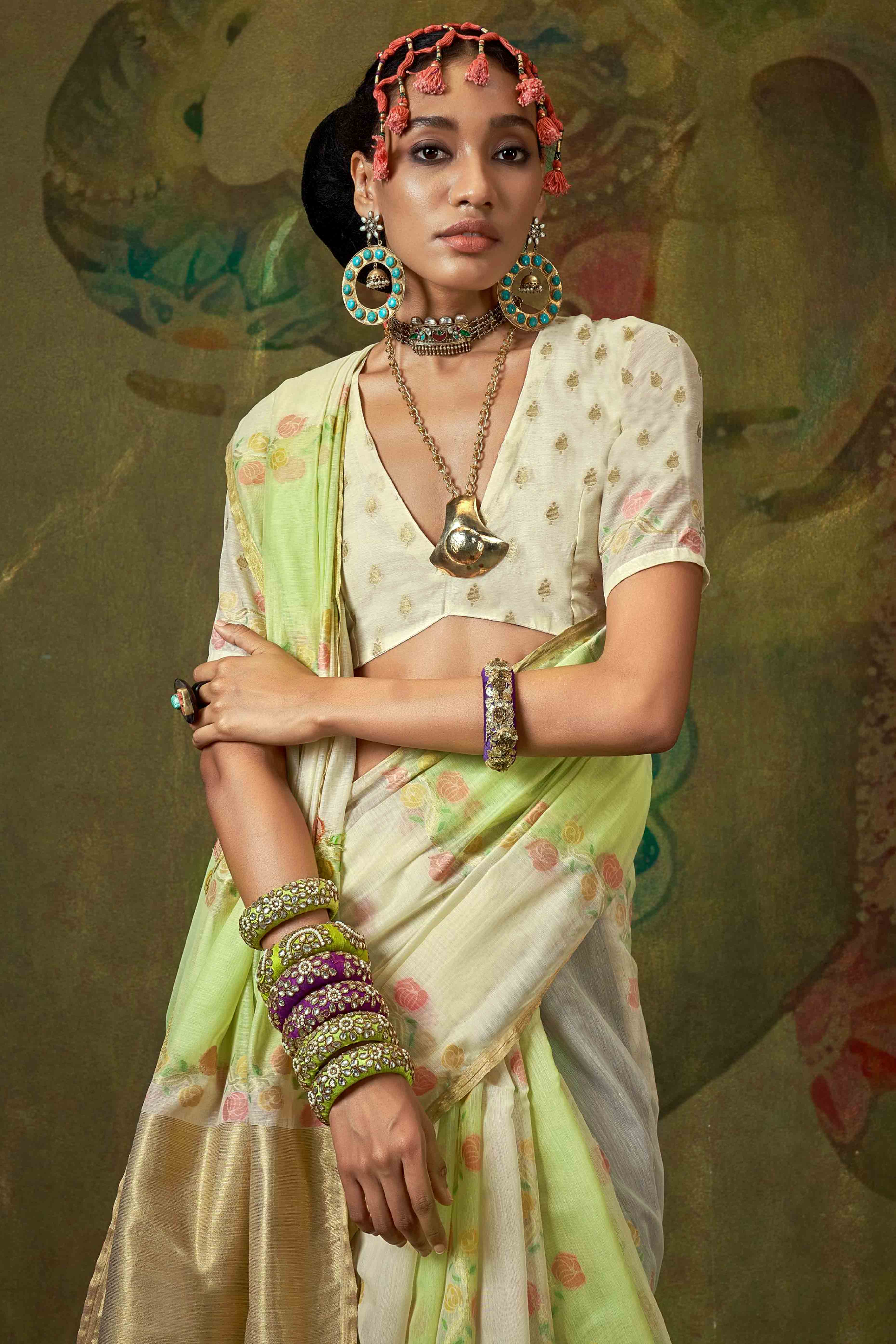 Cream & Pastel Green Floral Handwoven Cotton Blend Saree