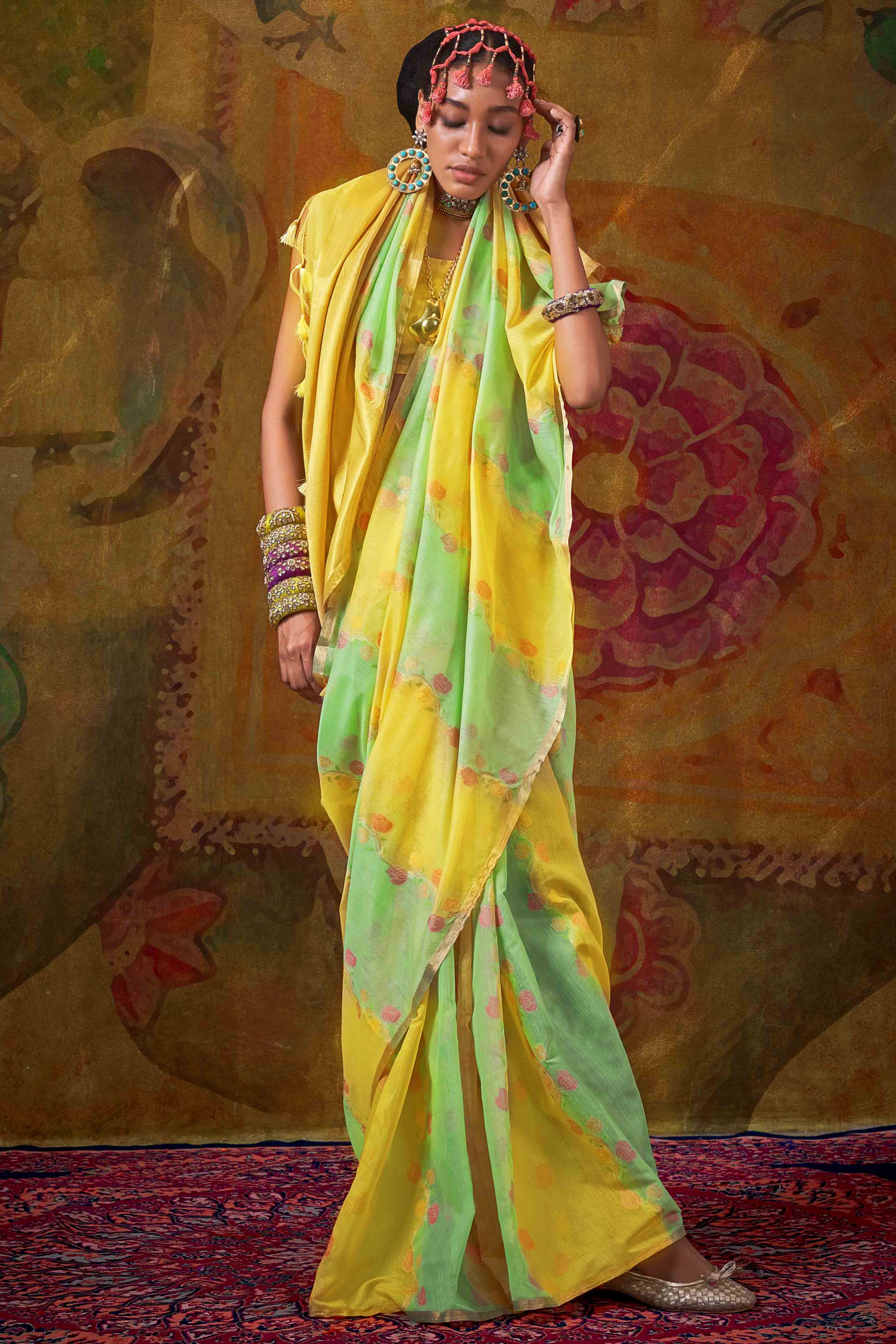 Yellow With Soft Green Floral Handwoven Cotton Blend Saree