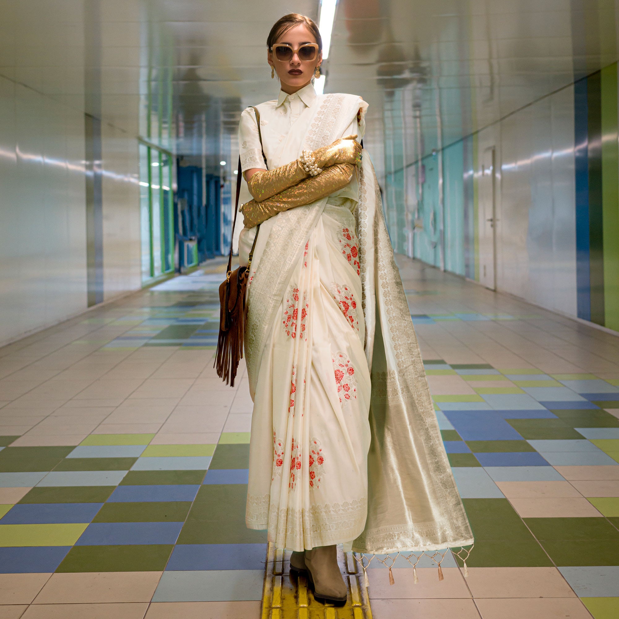 Beige Floral Woven Art Silk Saree With Tassels