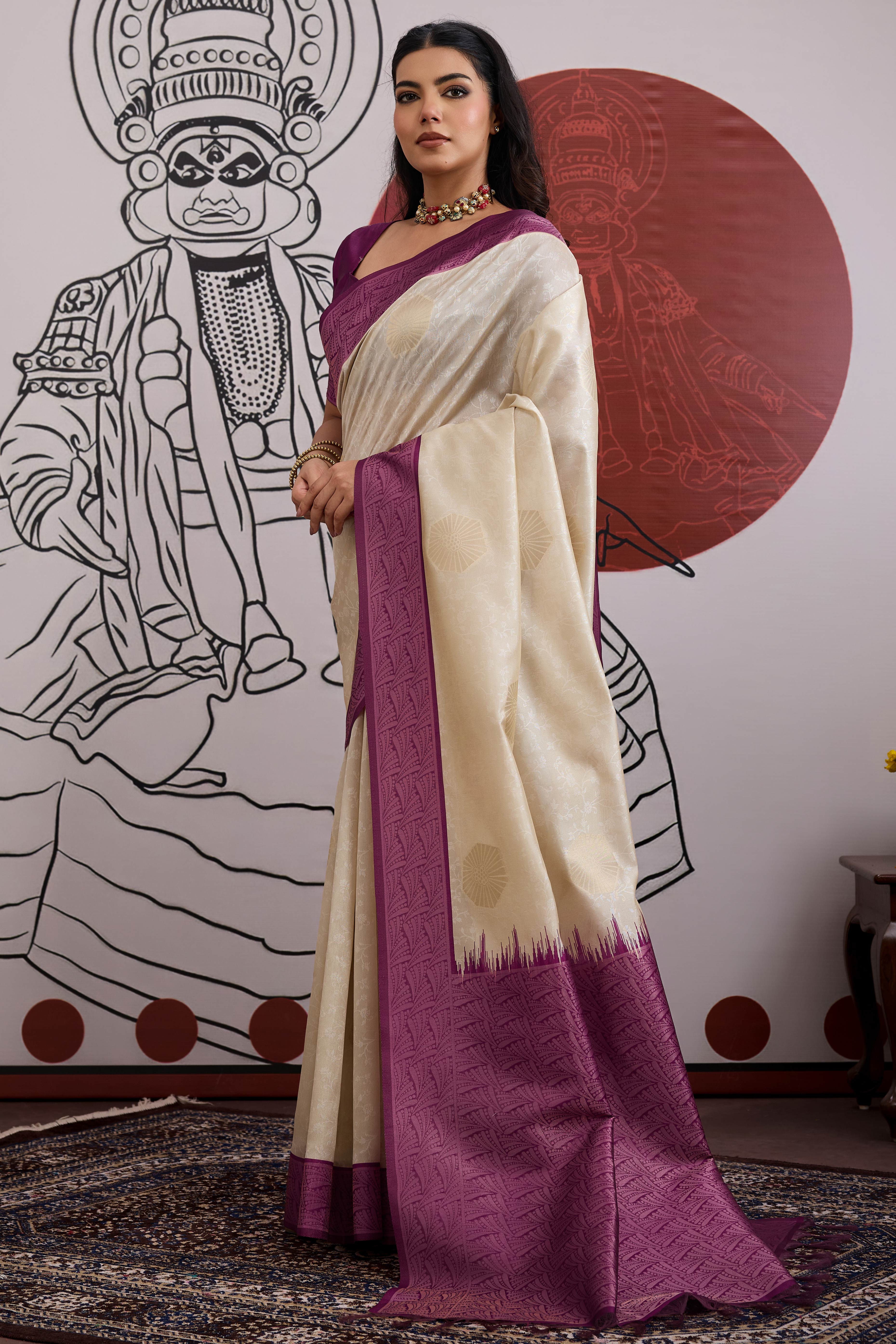 Graceful Cream & Purple Zari Weaving Silk Saree Highlighted By Decorative Tassel Pallu