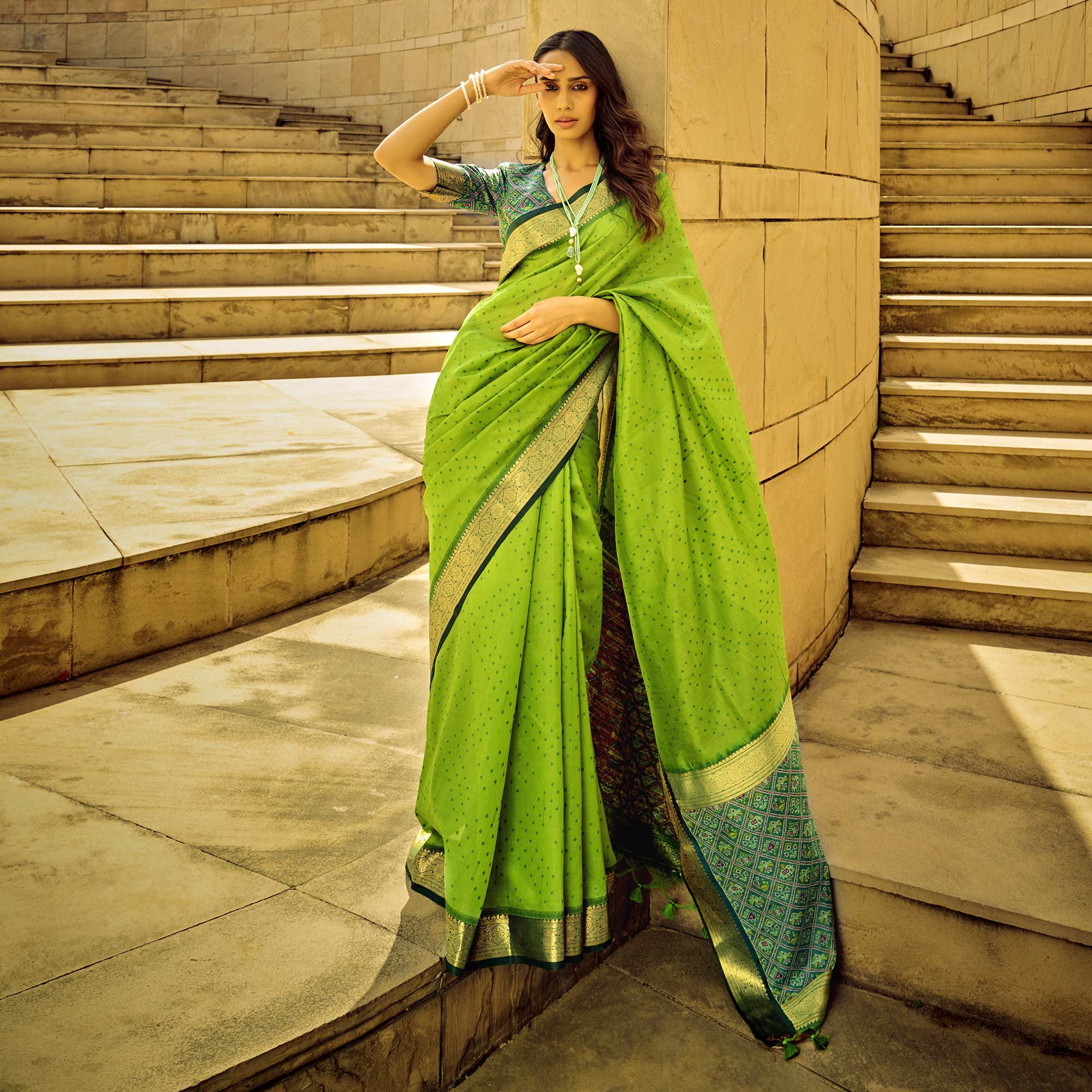 Green Weaved Patola Tussar Silk Saree With Tassels