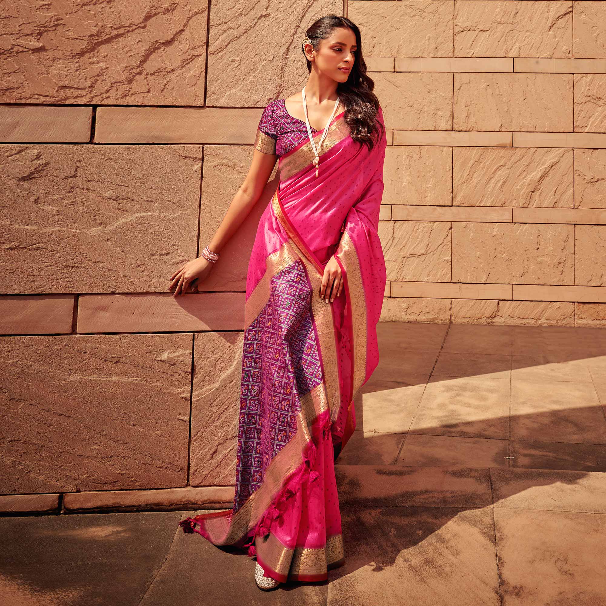 Pink Weaved Patola Tussar Silk Saree With Tassels