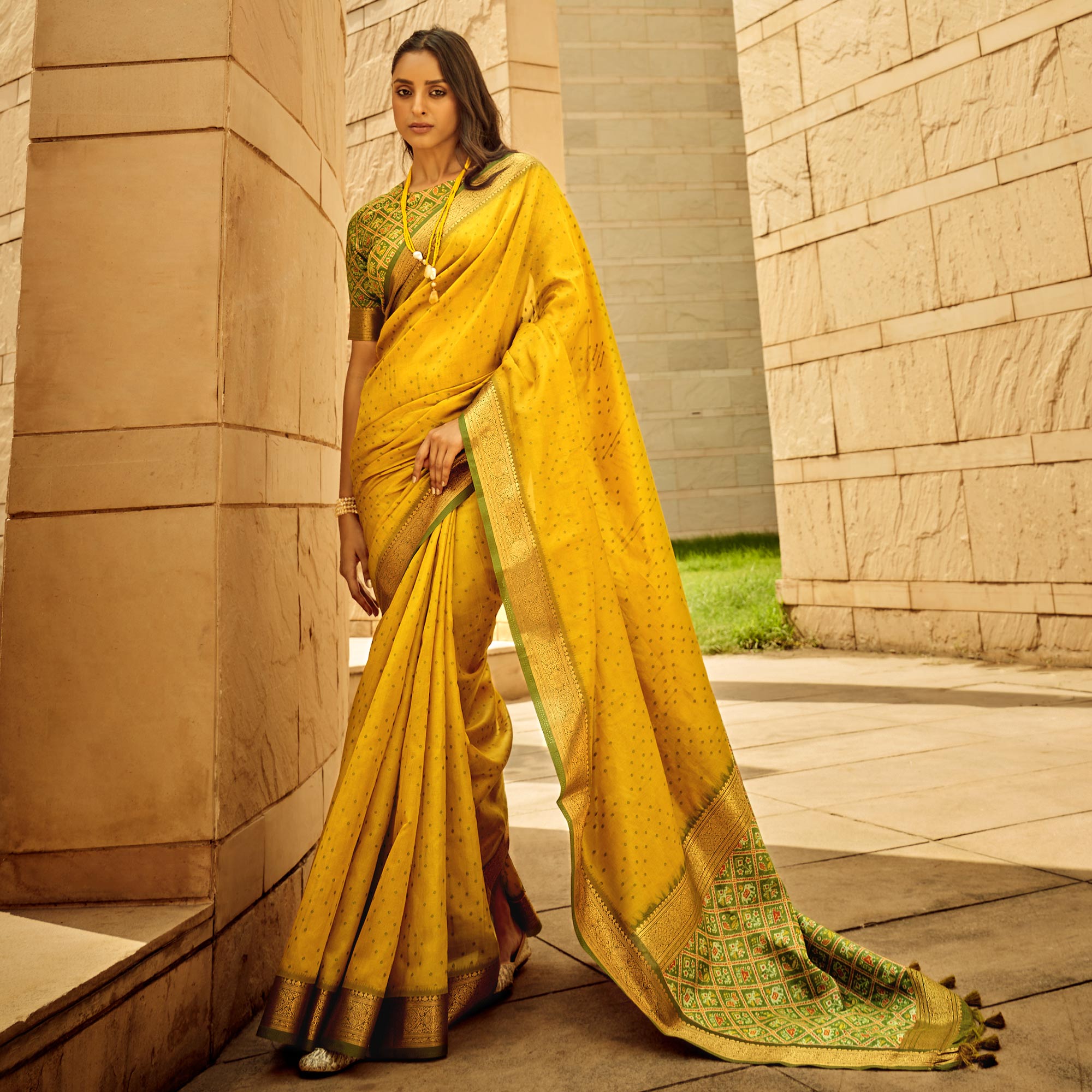 Mustard Weaved Patola Tussar Silk Saree With Tassels