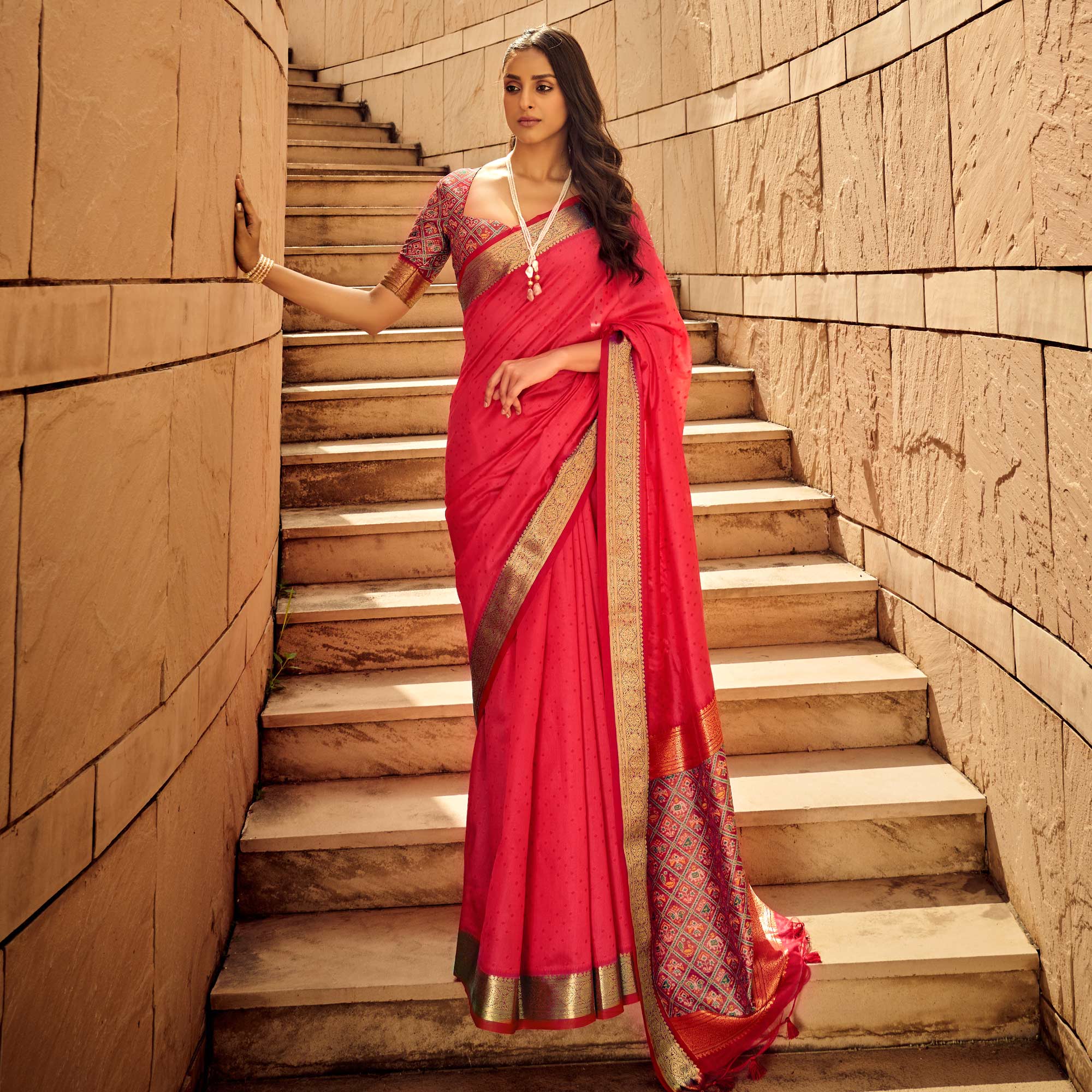 Gajri Pink Weaved Patola Tussar Silk Saree With Tassels