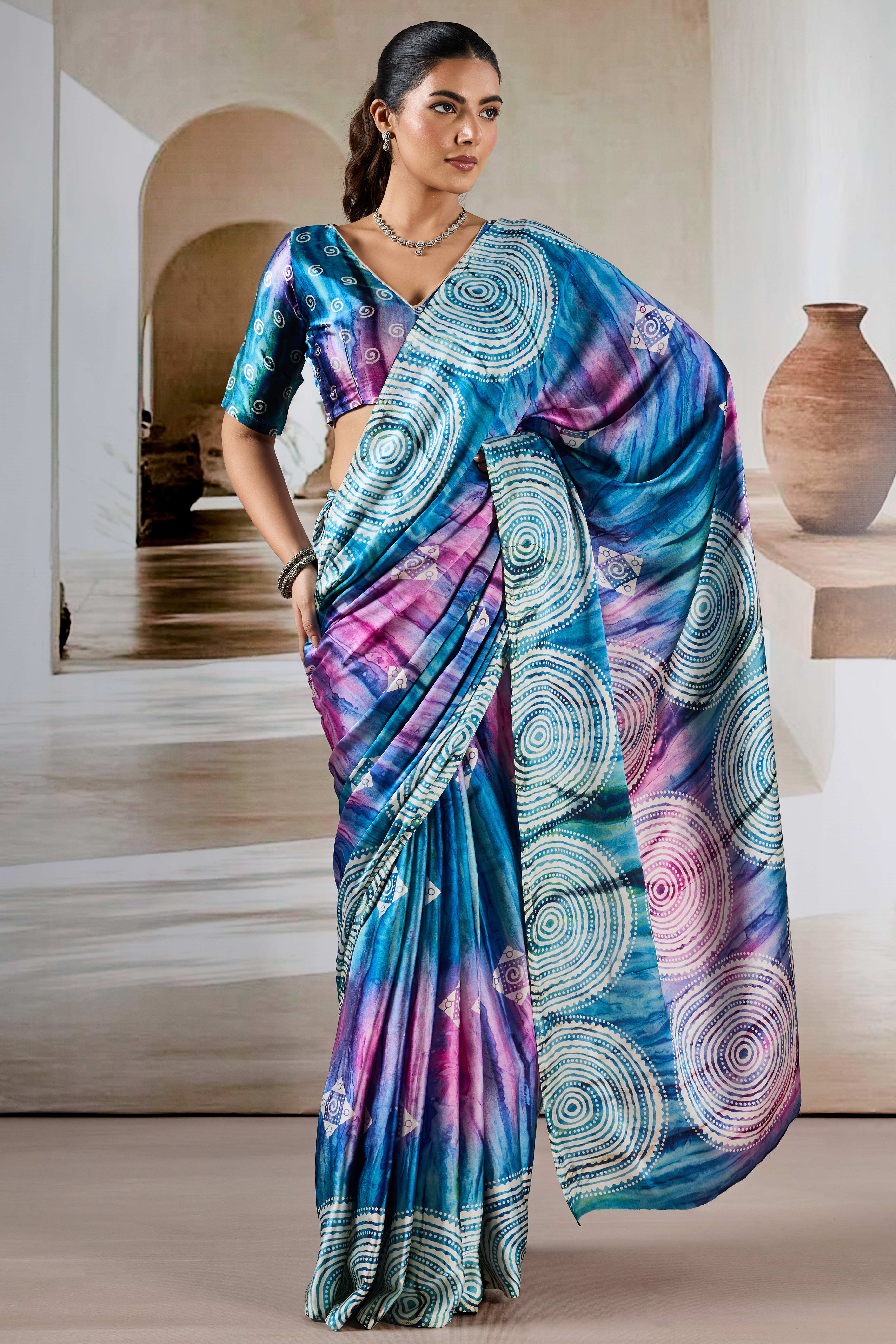 Luxury Blue Abstract Prism Print Modal Satin Saree Featuring Artistic Work