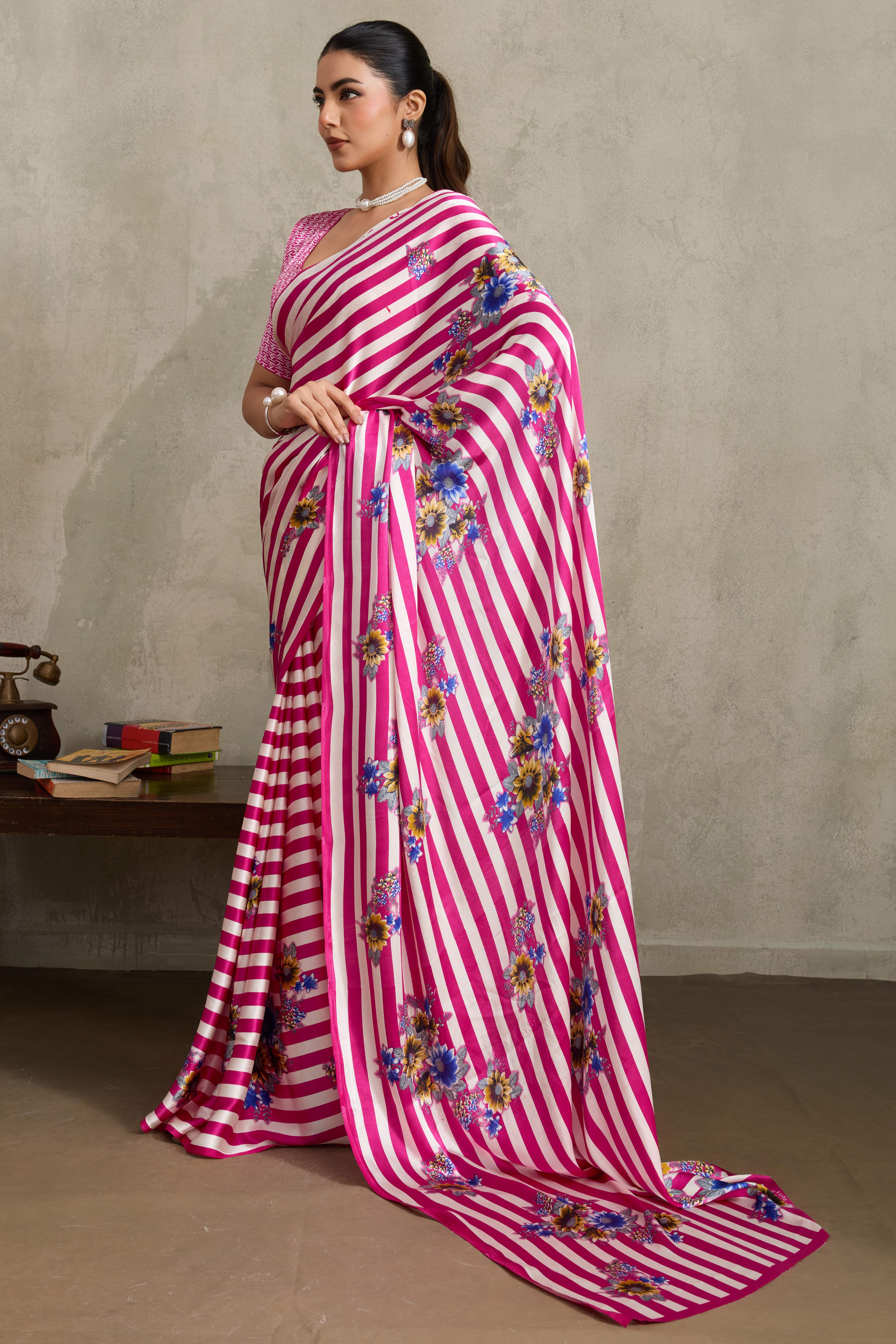 Pink Elegant Ajrakh Printed Modal Satin Saree Designed for Festive & Party Occasions