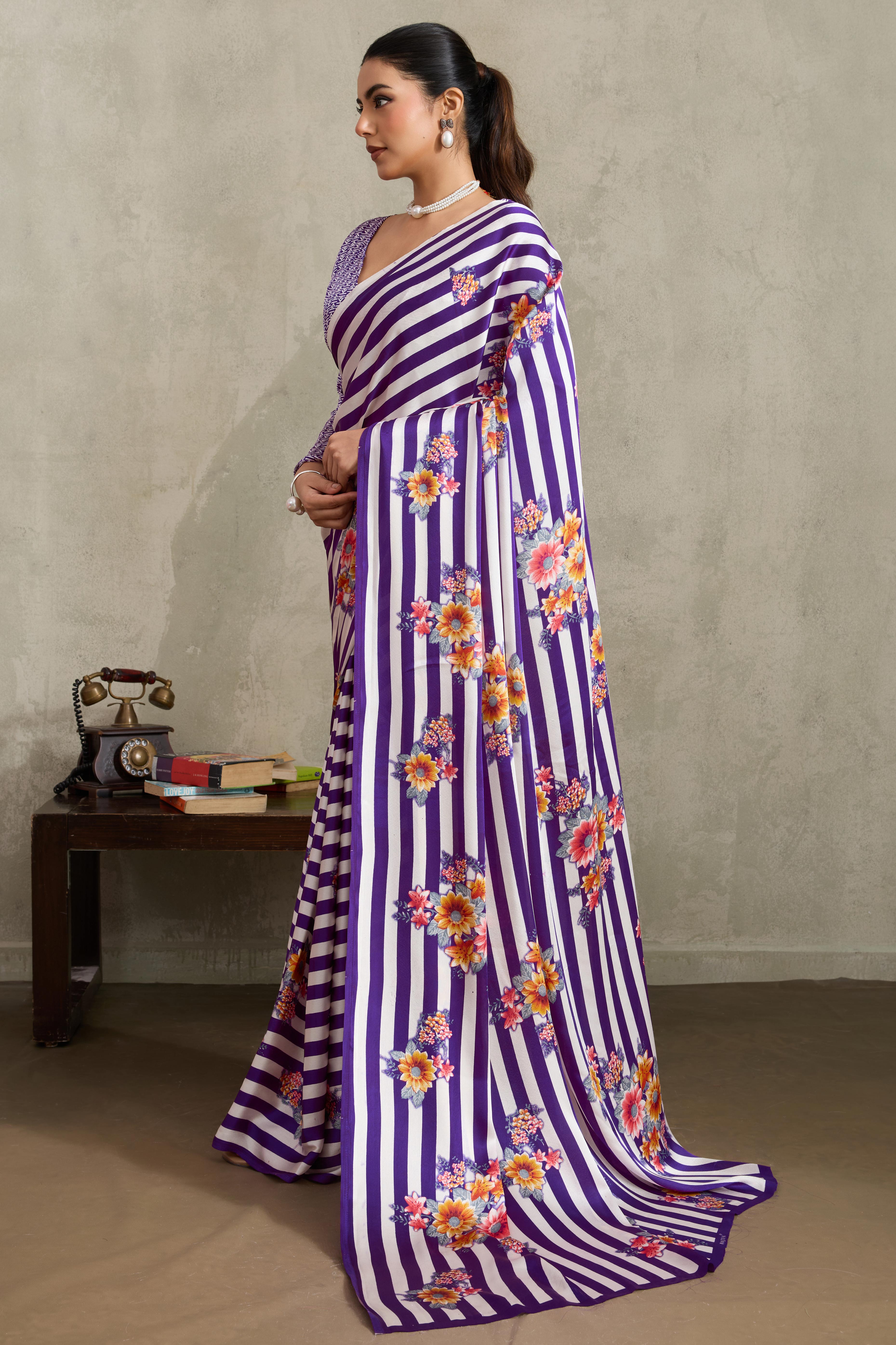 Purple Elegant Ajrakh Printed Modal Satin Saree Designed for Festive & Party Occasions