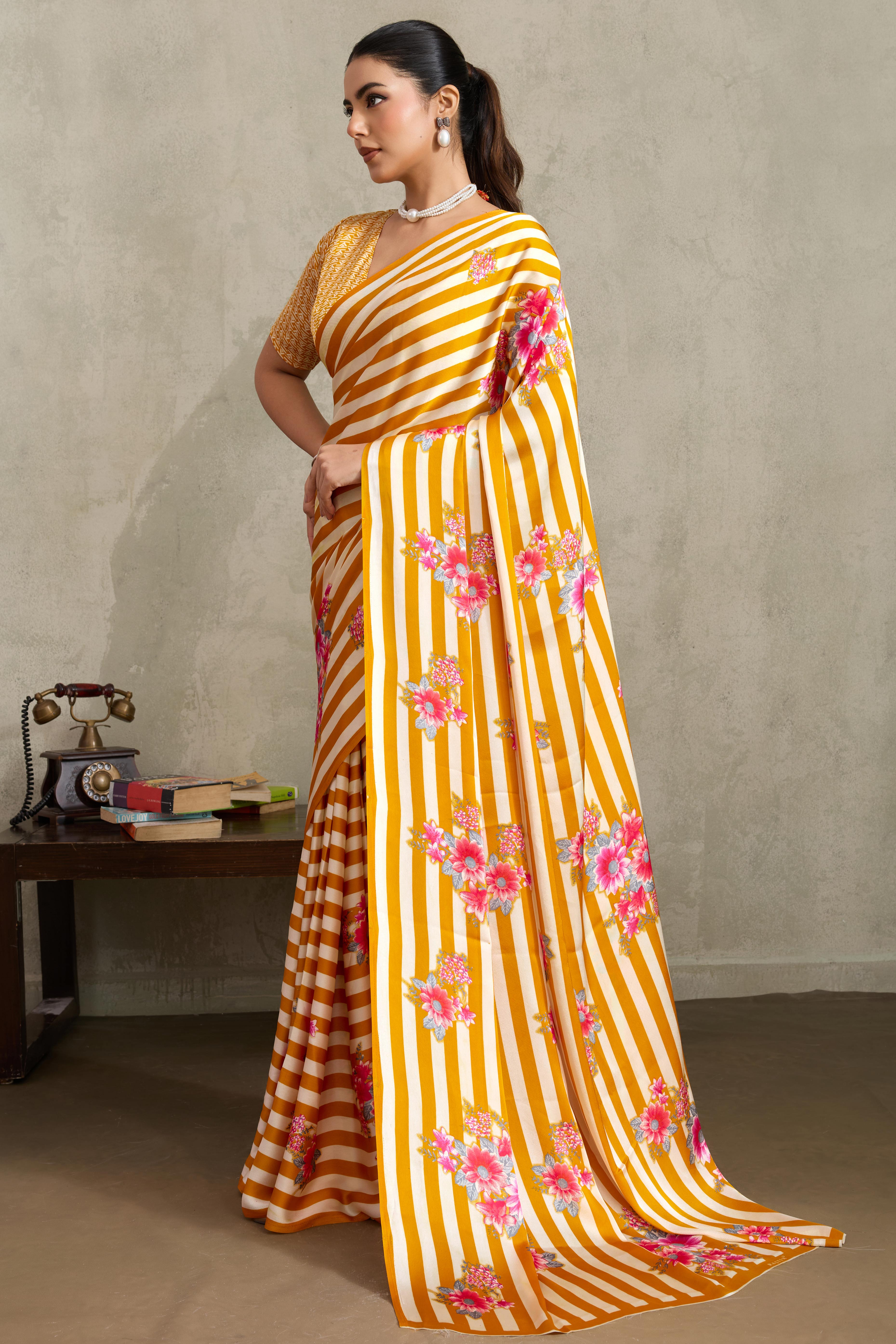 Mustard Elegant Ajrakh Printed Modal Satin Saree Designed for Festive & Party Occasions