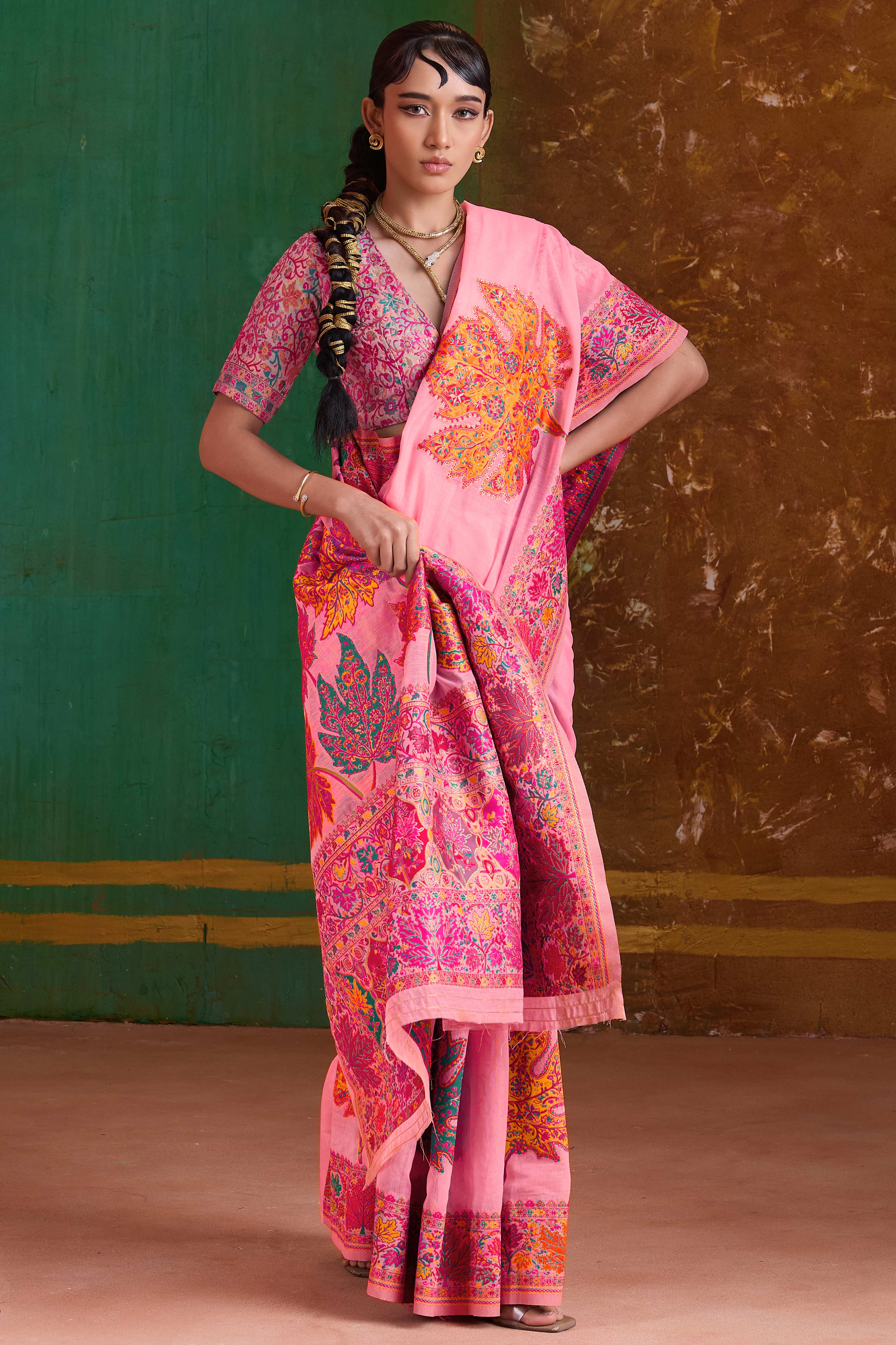 Luxurious Pink Leaf Motif Pashmina Weaving Modal Cotton Blend Saree With Refined Appeal