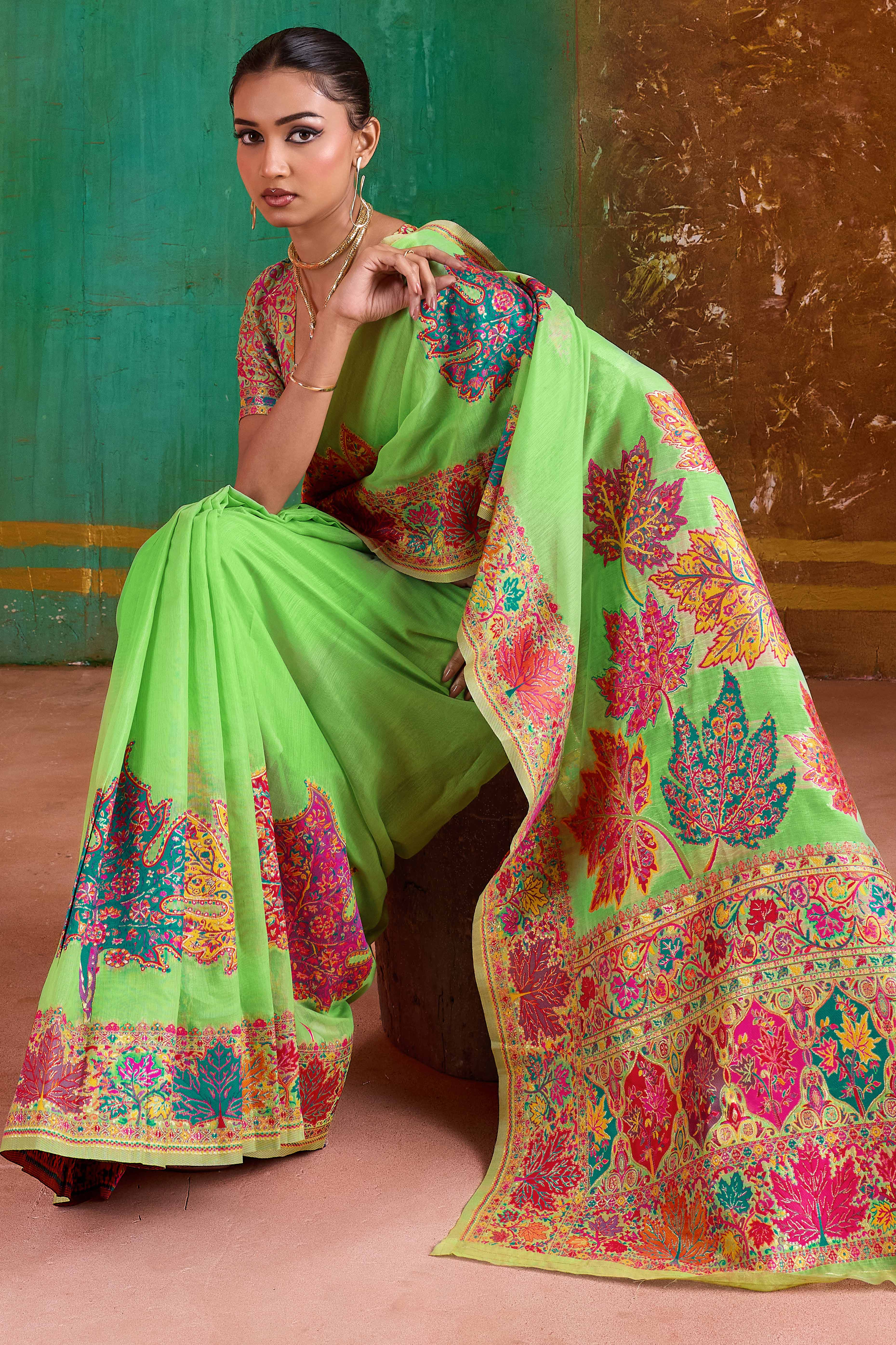 Luxurious Green Leaf Motif Pashmina Weaving Modal Cotton Blend Saree With Refined Appeal