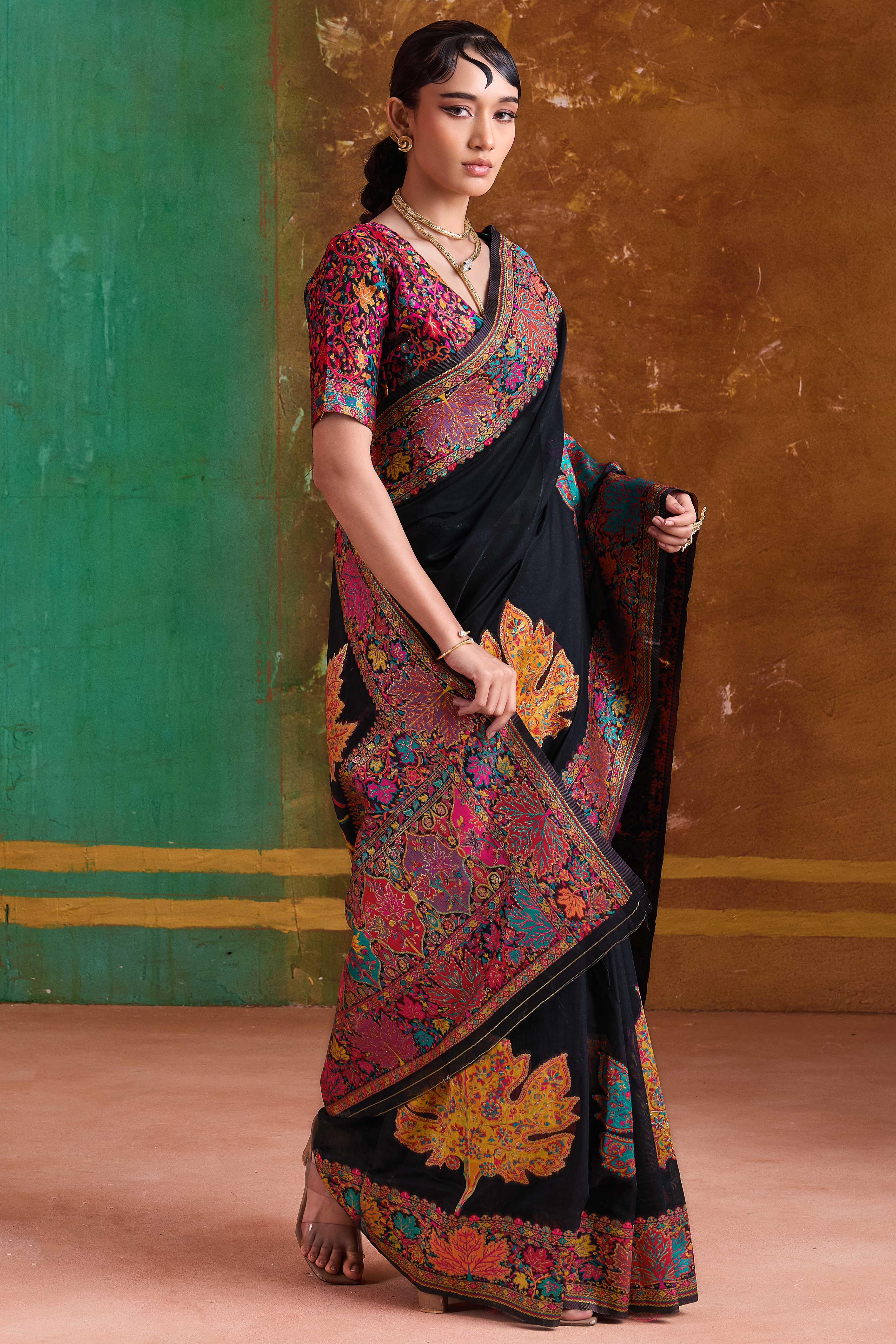 Luxurious Black Leaf Motif Pashmina Weaving Modal Cotton Blend Saree With Refined Appeal