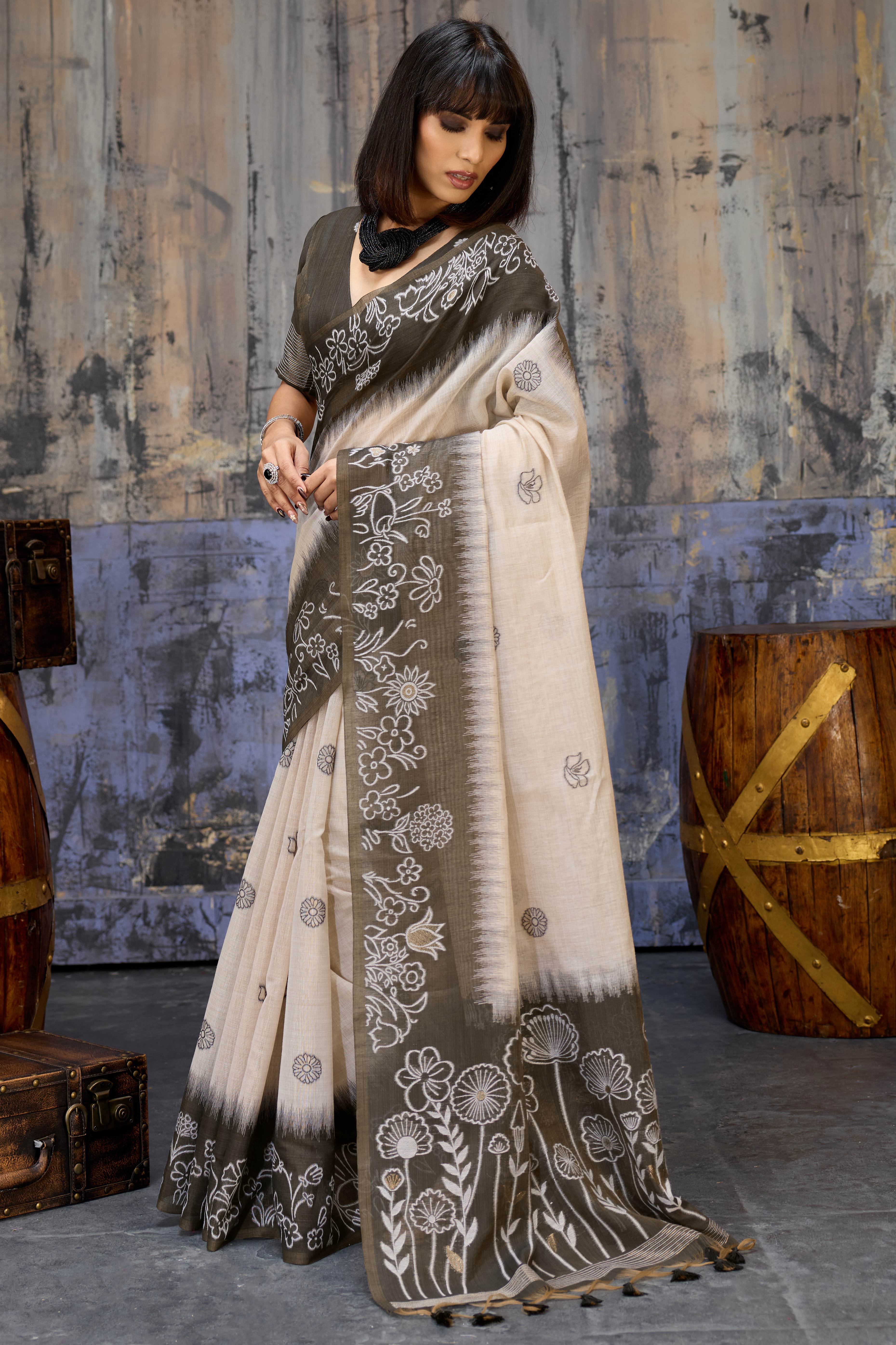 Beige & Dark Brown Classic Munga Cotton Blend Saree with Intricate Floral Woven Detailing