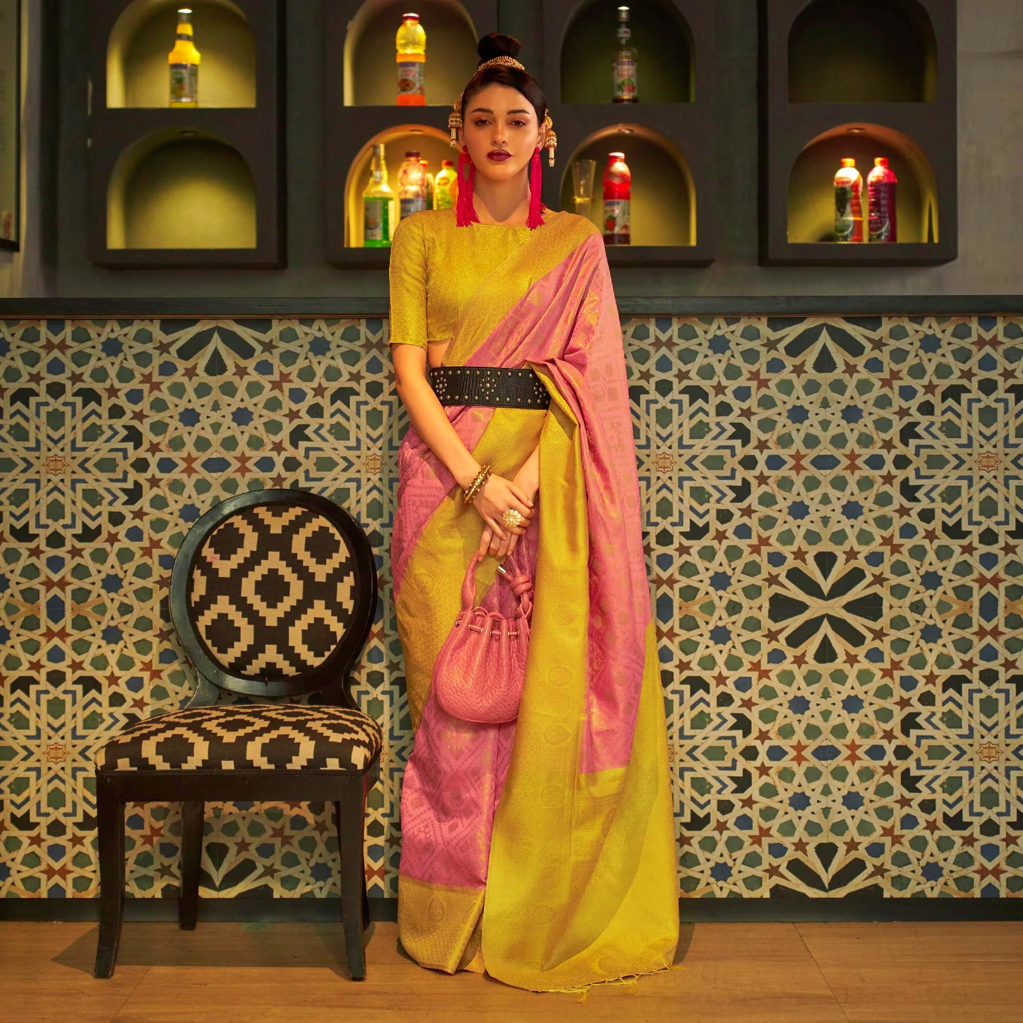 Pink Woven Art Silk Saree With Tassels