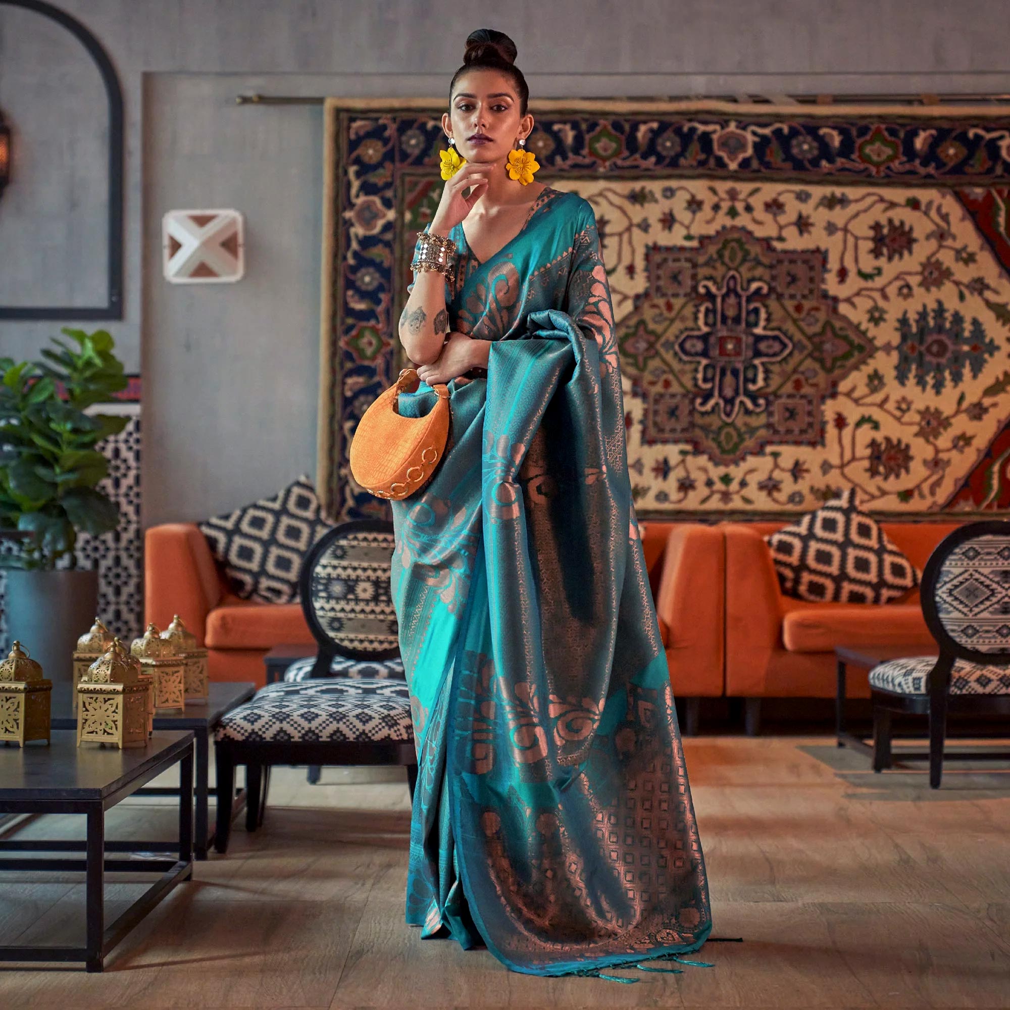 Blue Woven Art Silk Saree With Tassels