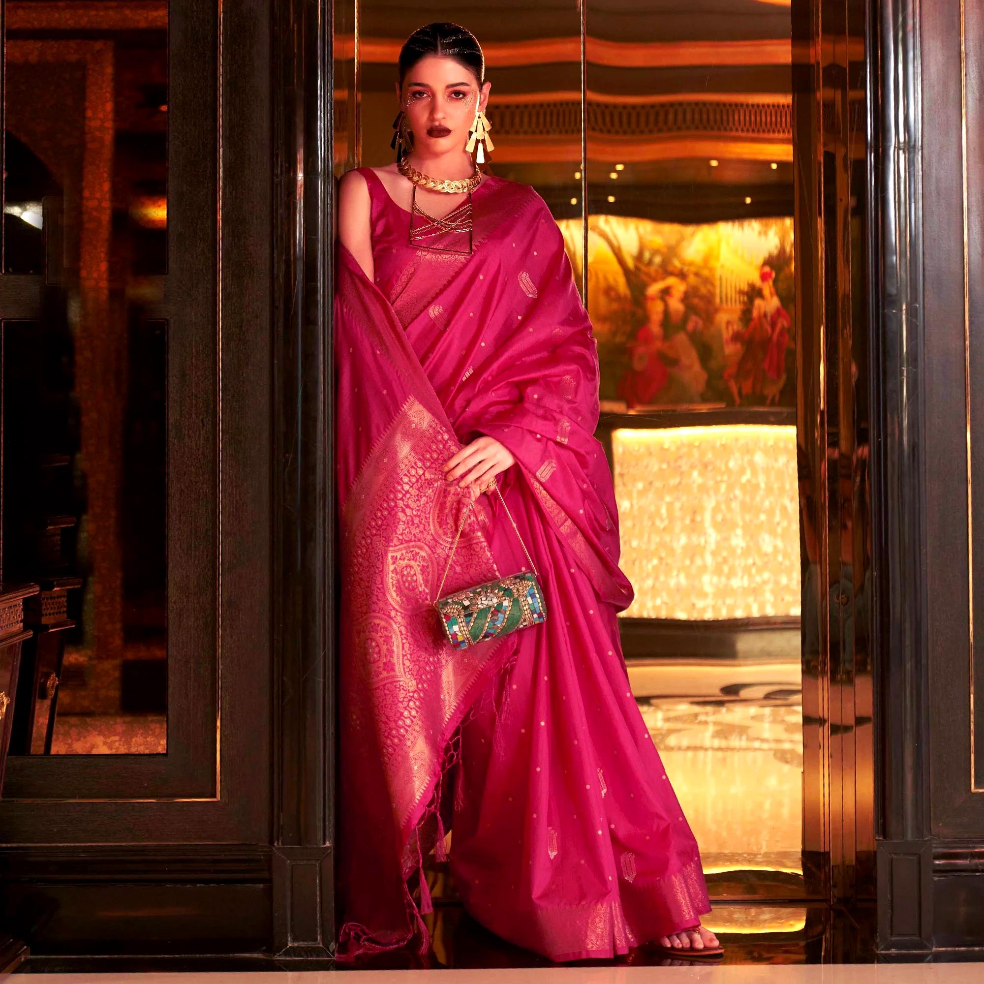 Pink Woven Cotton Silk Saree With Tassels