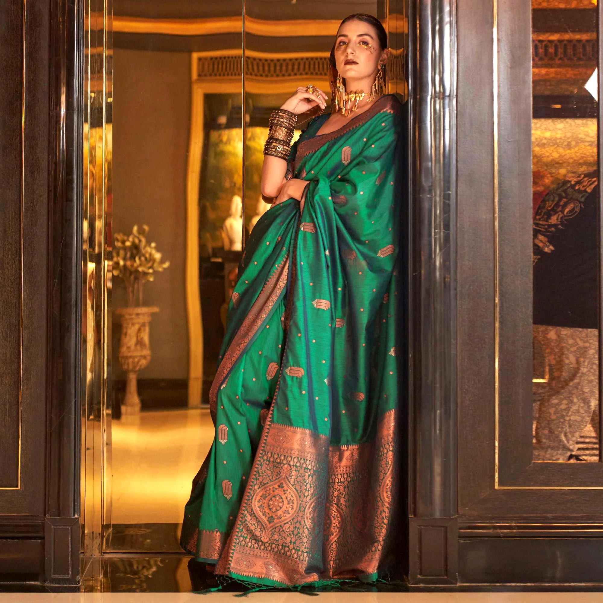 Green Woven Cotton Silk Saree With Tassels