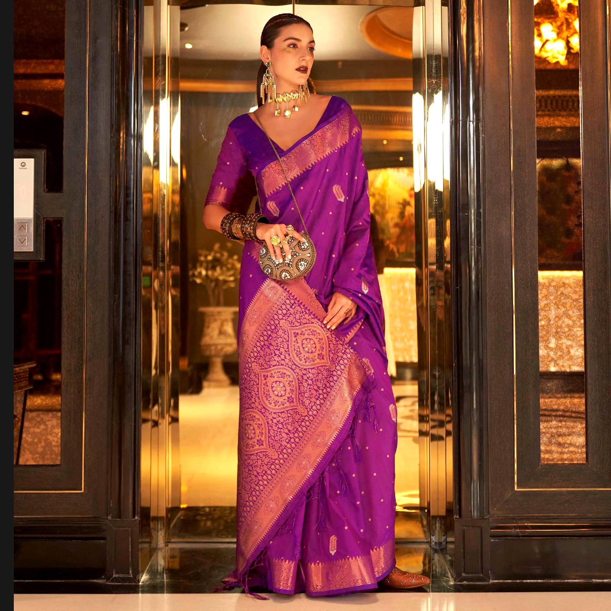 Purple Woven Cotton Silk Saree With Tassels