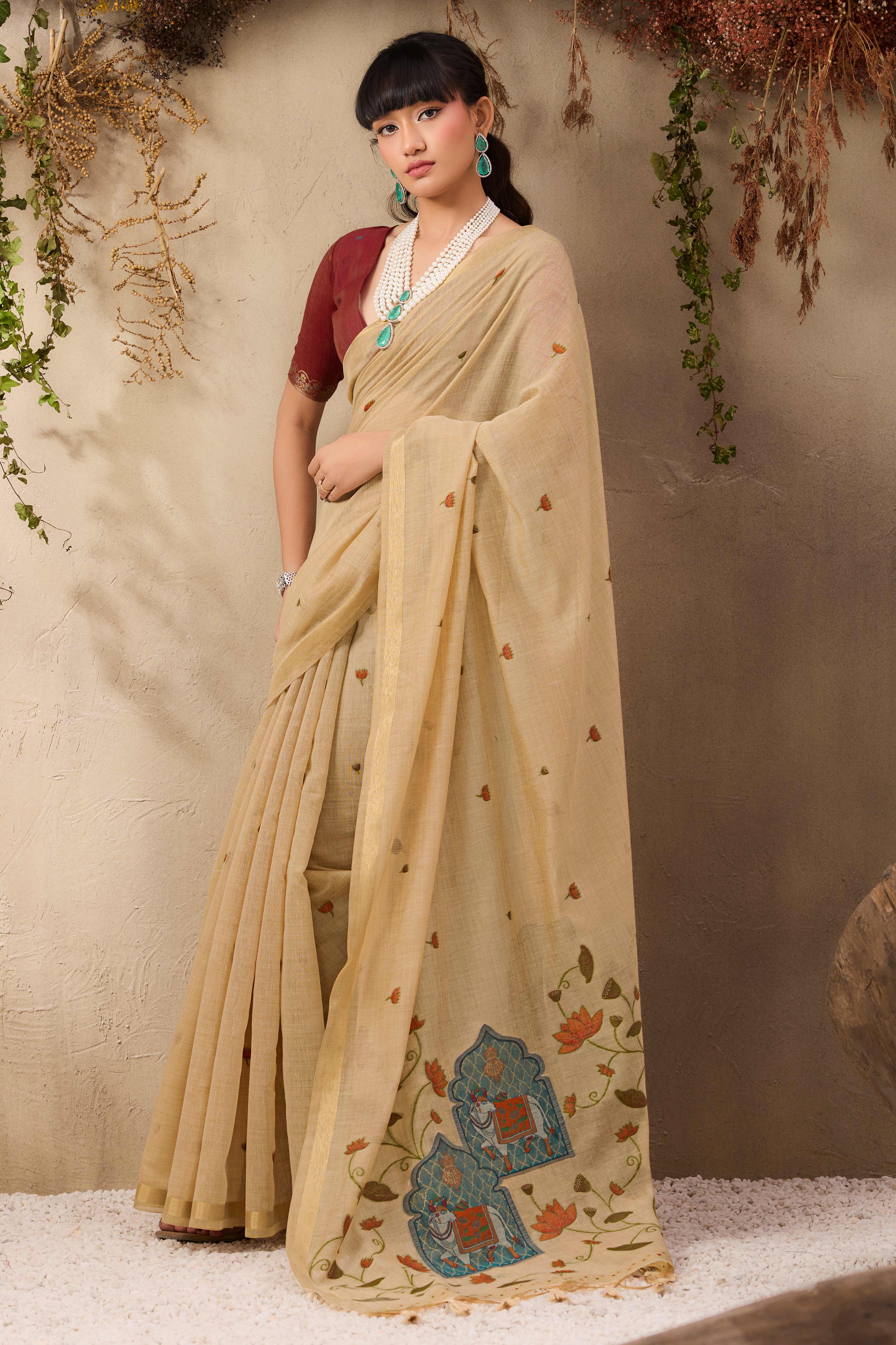 Beige Lightweight Handloom Munga Cotton Blend Saree Accented with Floral Woven Motifs