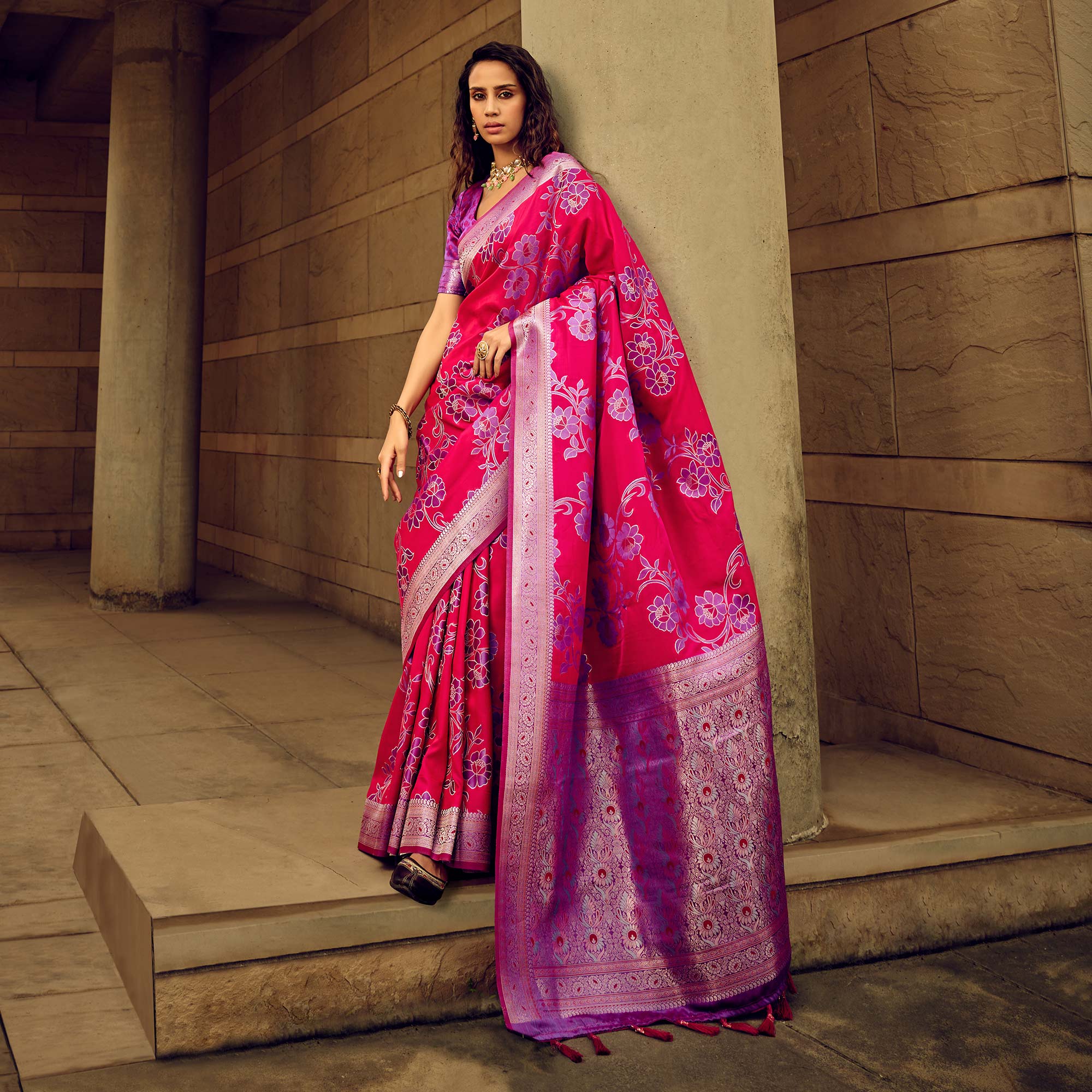 Pink Floral Woven Satin Saree With Tassels