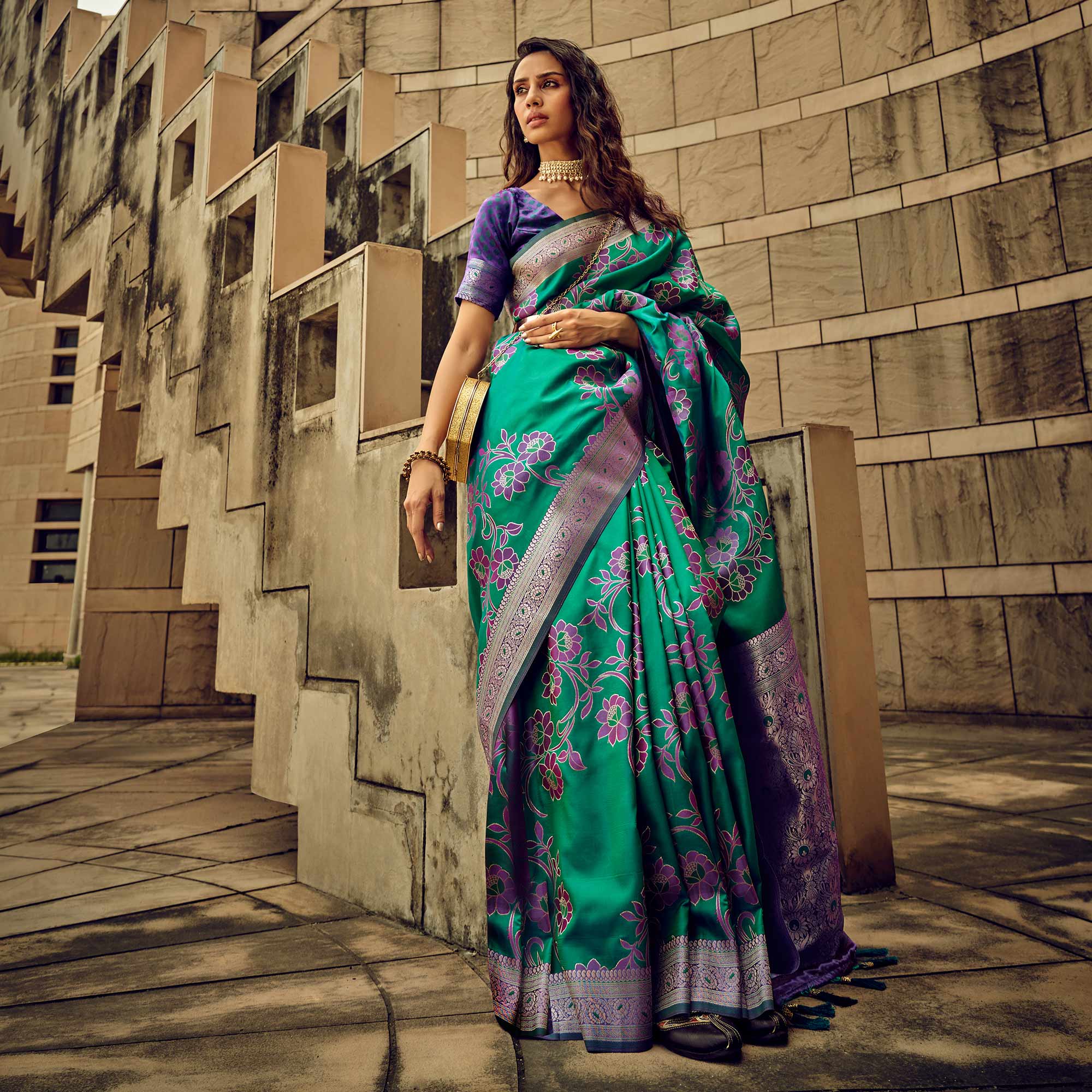 Green Floral Woven Satin Saree With Tassels