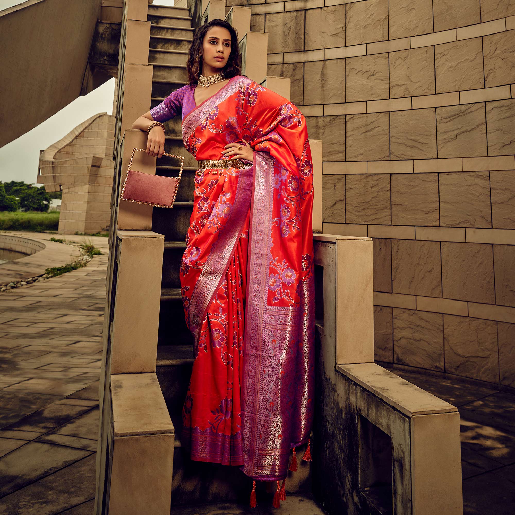 Red Floral Woven Satin Saree With Tassels