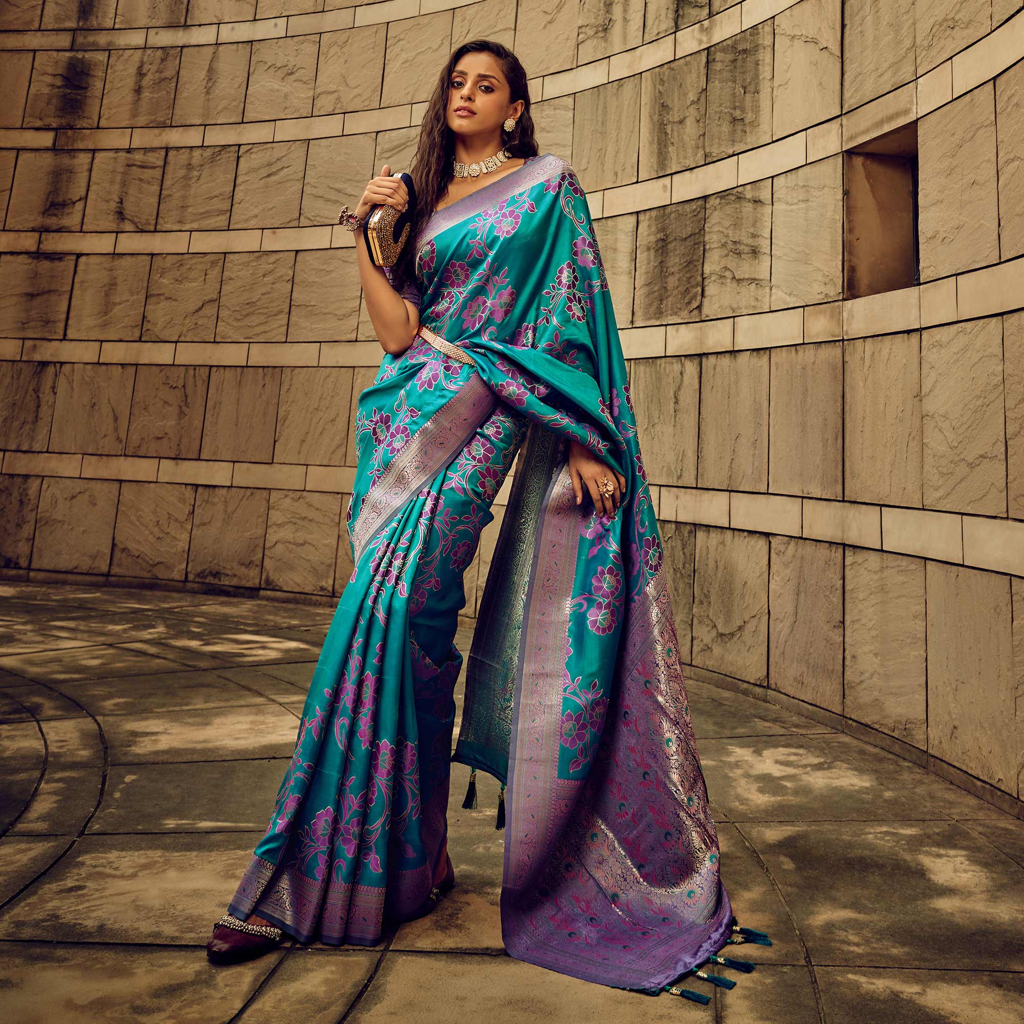 Rama Blue Floral Woven Satin Saree With Tassels