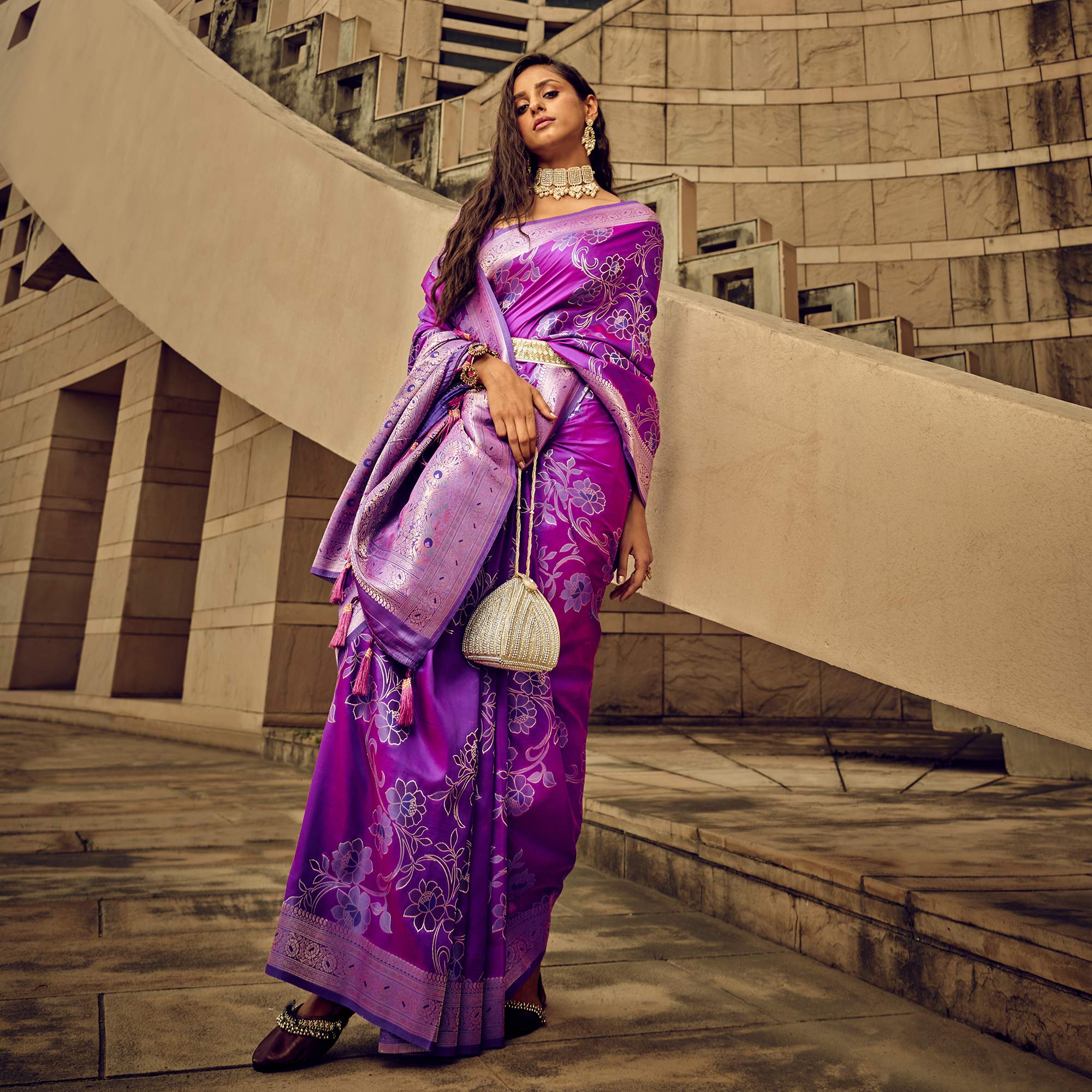 Purple Floral Woven Satin Saree With Tassels