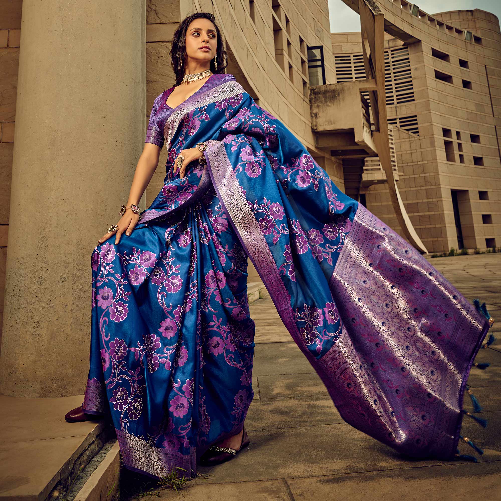 Blue Floral Woven Satin Saree With Tassels